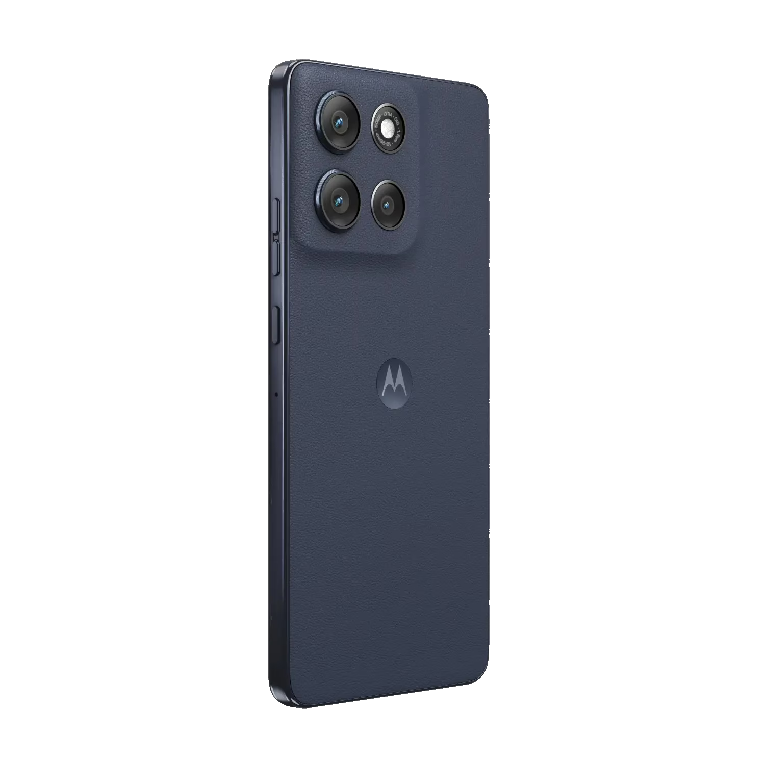 Parte trasera de un smartphone azul oscuro con cuatro lentes de cámara y el logo de Motorola.