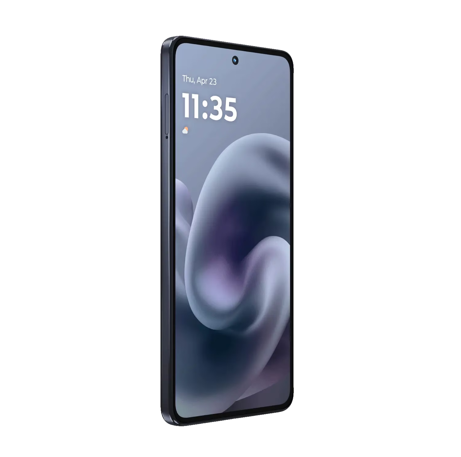 Un smartphone con marco oscuro muestra la fecha y la hora 11:35 sobre un fondo abstracto morado.