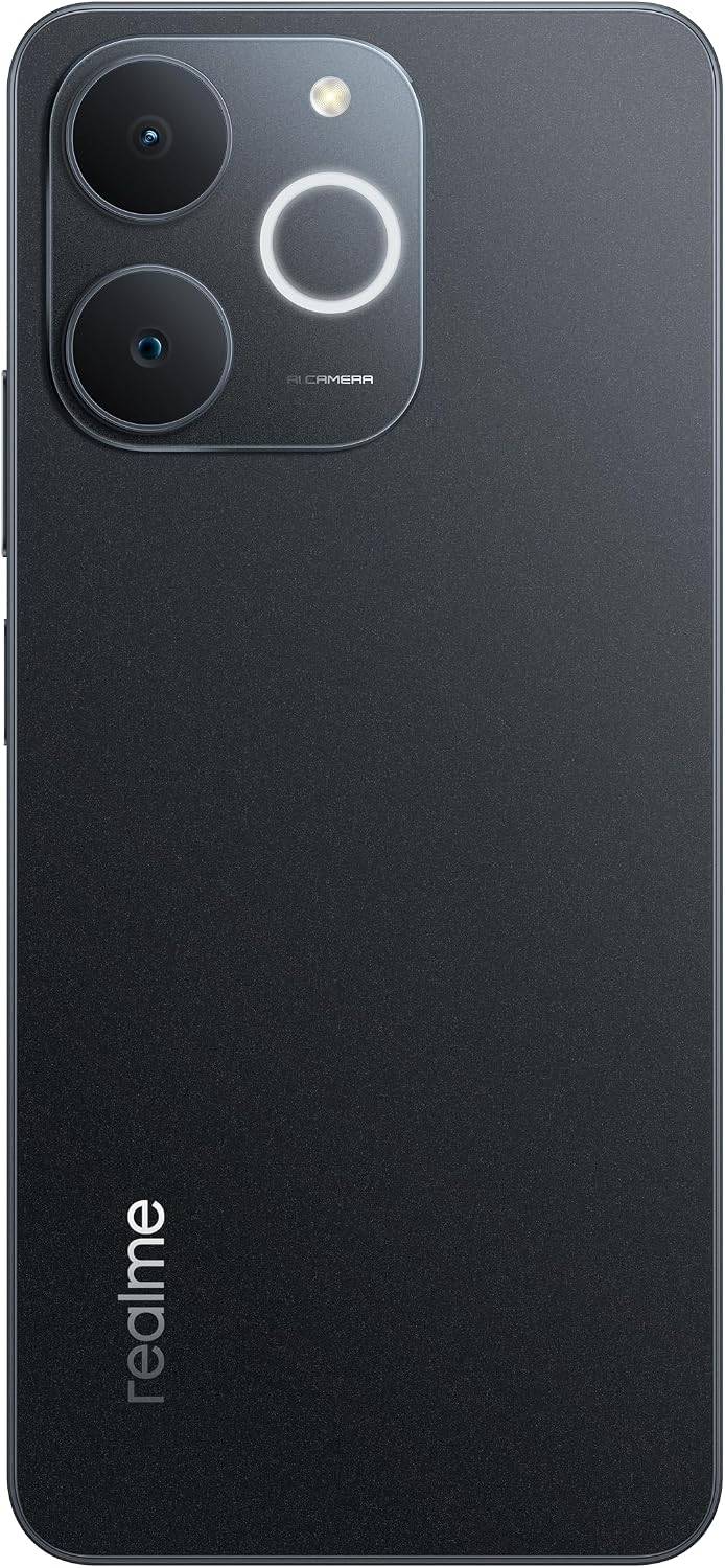 Parte trasera de un smartphone Realme gris con dos cámaras y un flash anular arriba a la izquierda.