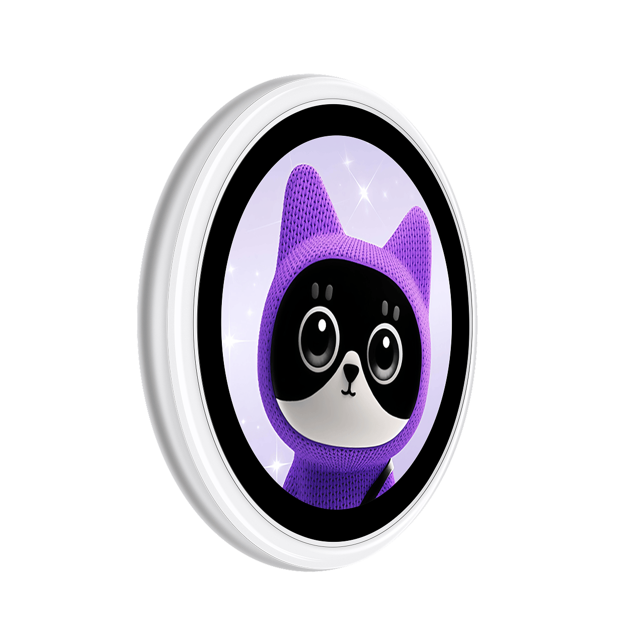 Un marco redondo blanco muestra la ilustración de un gato morado con ojos grandes sobre un fondo lila.