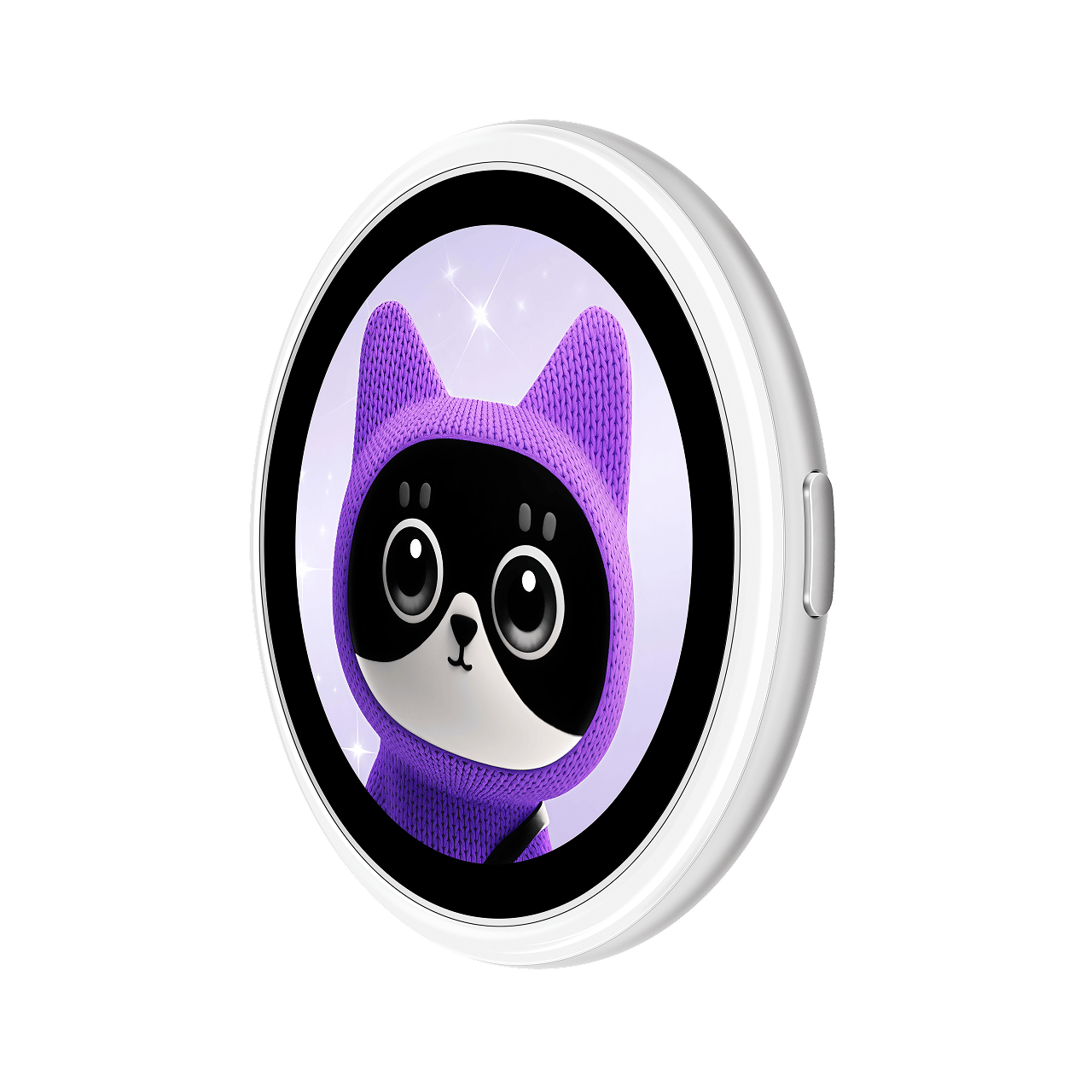 Dispositivo blanco redondo con pantalla que muestra un gato animado con traje de punto morado sobre fondo morado.