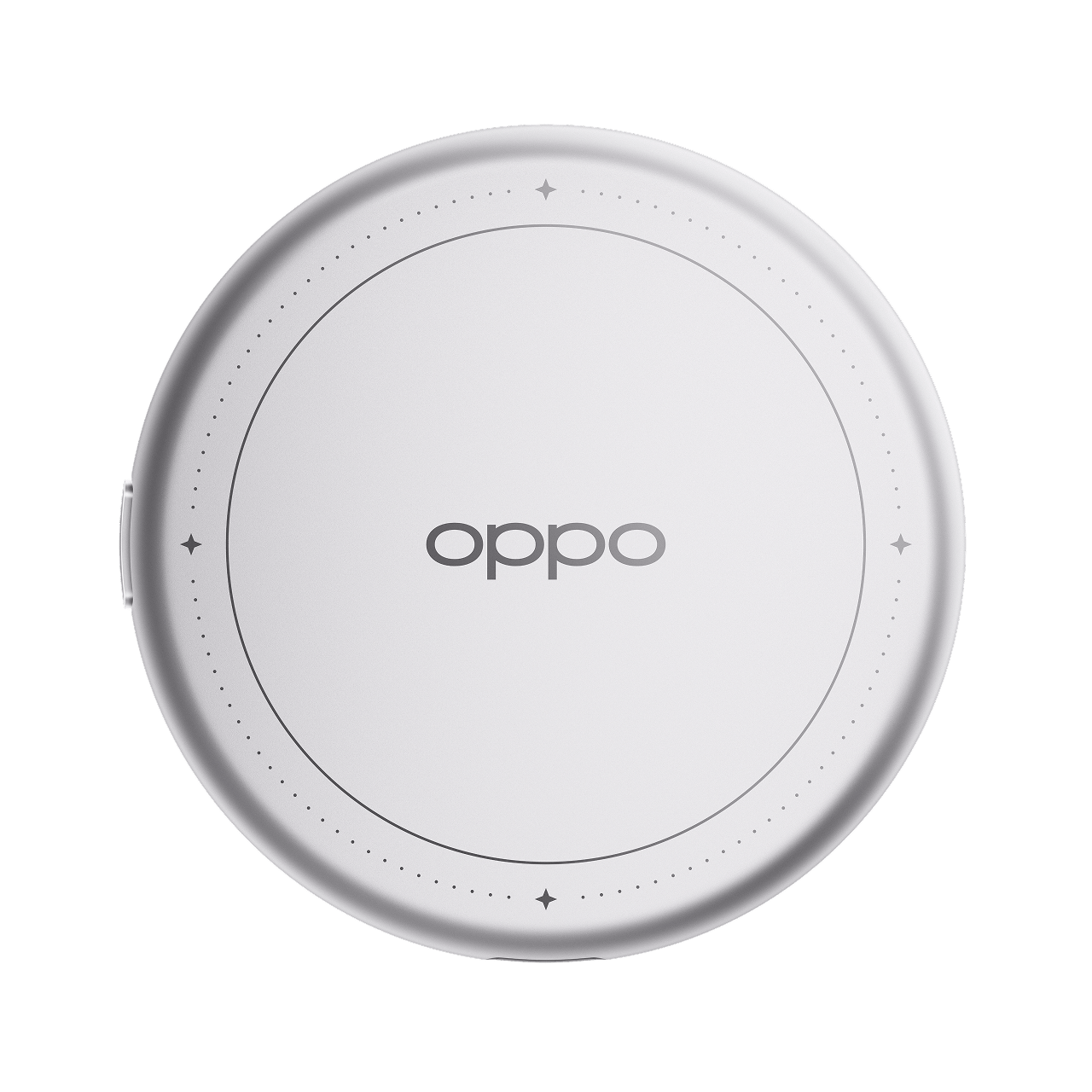 Un dispositivo Oppo blanco y redondo con diseño minimalista y detalles punteados sobre un fondo negro.