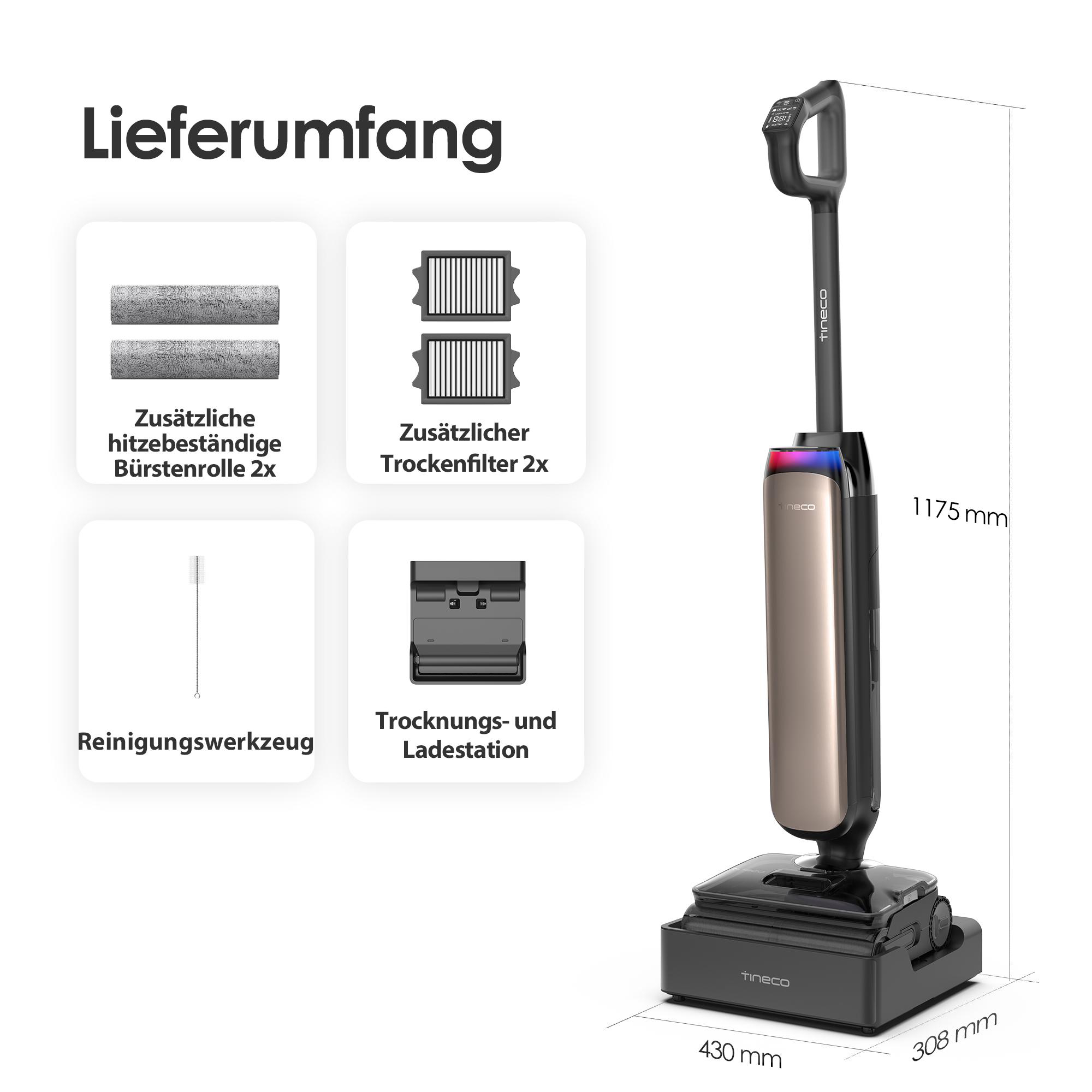 Lieferumfang eines Tineco-Staubsaugers mit Zubehörteilen und Maßen.