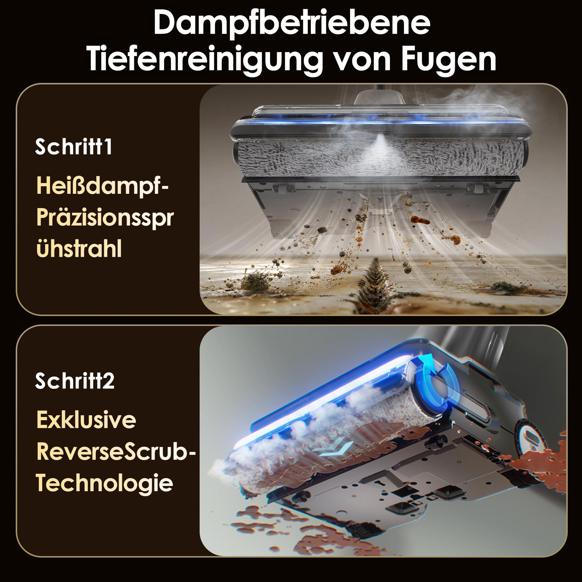 Zwei Bilder zeigen Dampfreinigung von Fugen mit Heißdampf und ReverseScrub-Technologie.