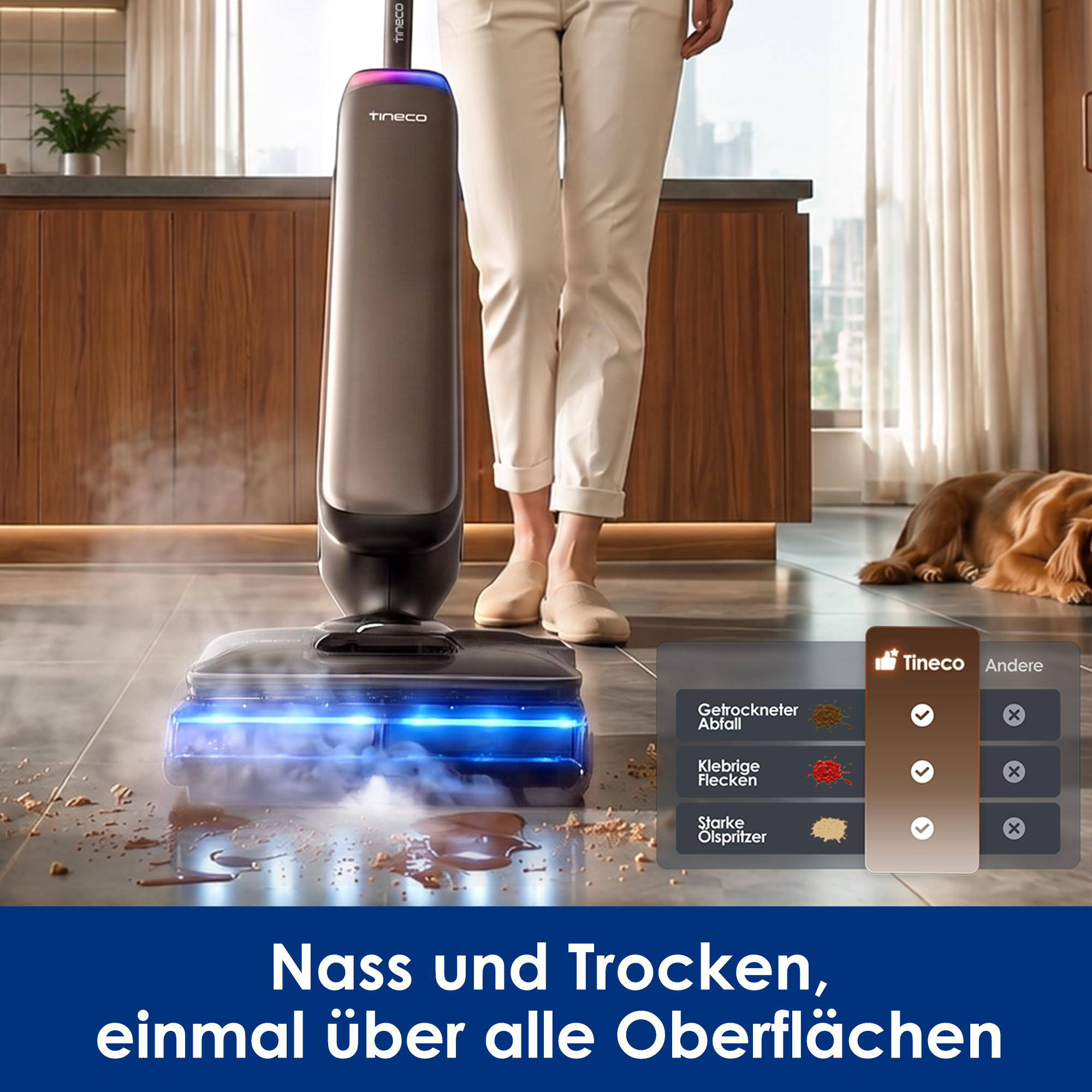 Ein Tineco-Nass- und Trockensauger reinigt den Boden in einer Küche, während ein Hund im Hintergrund liegt.