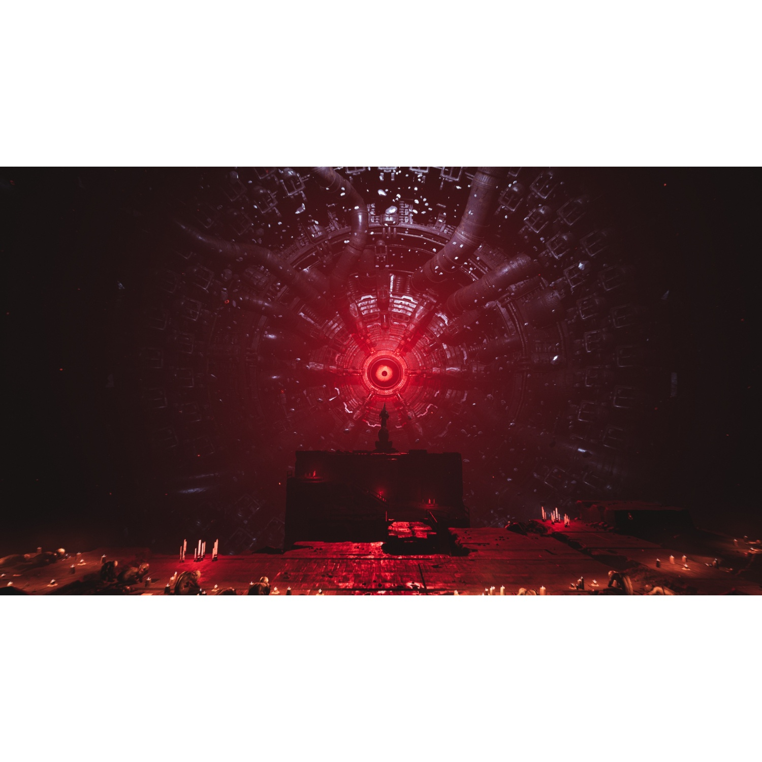 Une structure mécanique massive éclairée en rouge avec des tuyaux et un œil central, et une table d'autel.