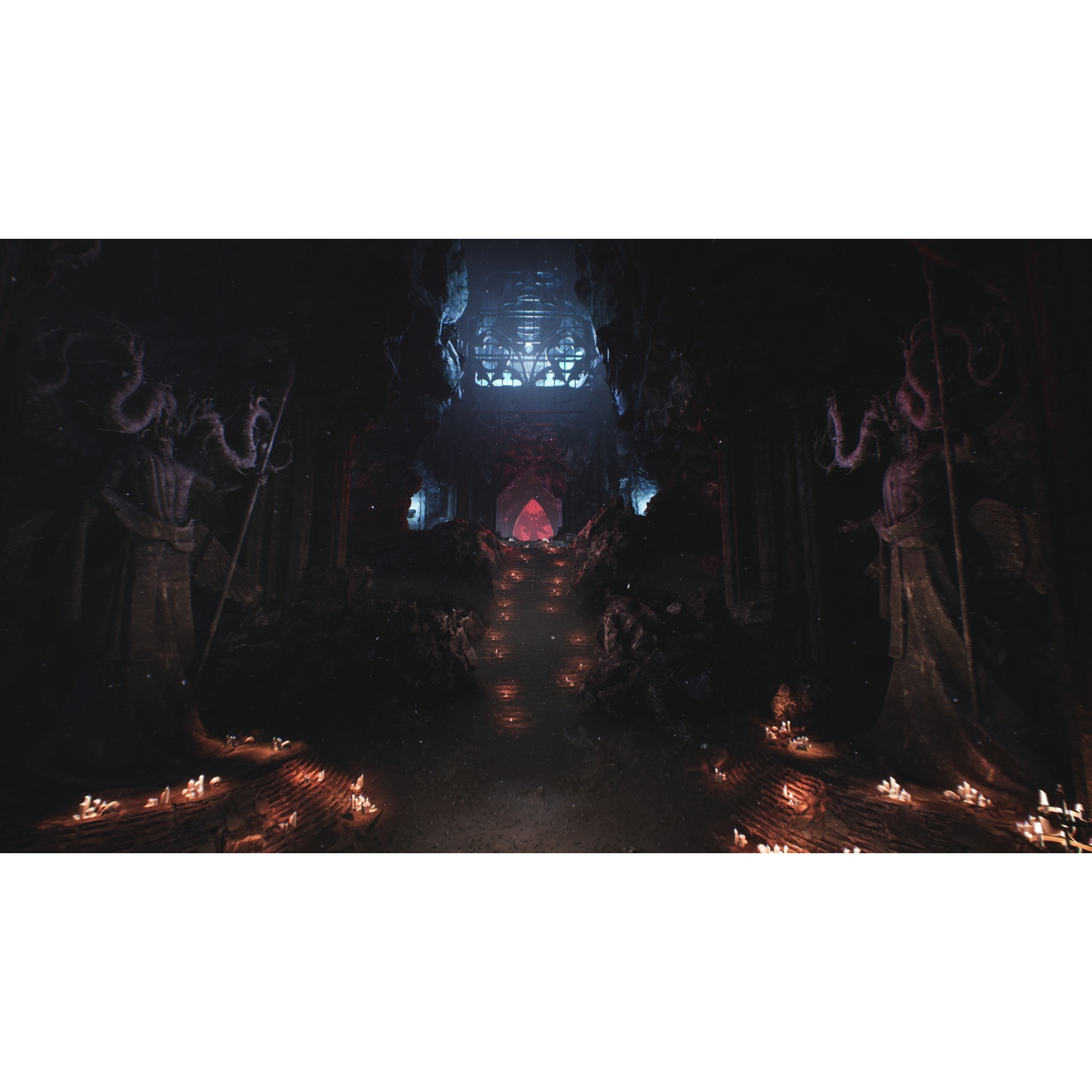 Sombre caverne avec des statues, des bougies au sol et une entrée rouge lumineuse au loin.