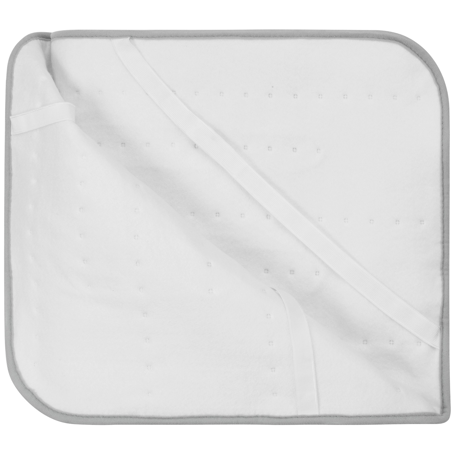 Witte gewatteerde matrasbeschermer met grijze rand en diagonale elastische band.