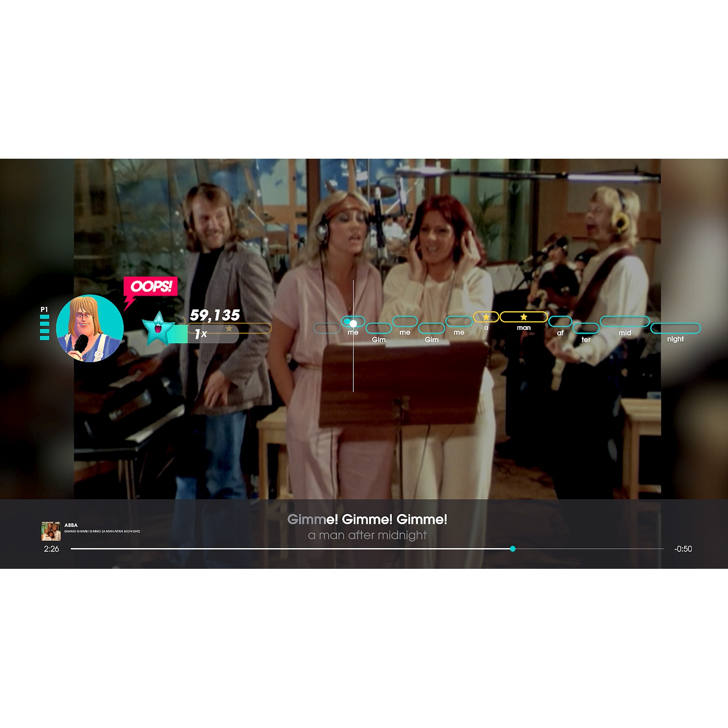 A karaoke video game screen displays ABBA singing in a studio, with lyrics and scoring overlays.