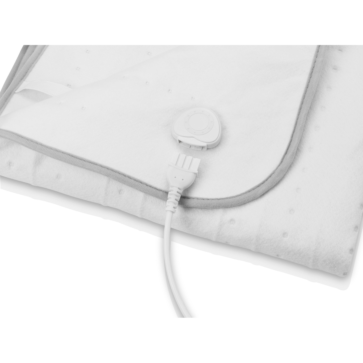 Een witte elektrische deken met grijze rand en afneembaar netsnoer op een witte achtergrond.
