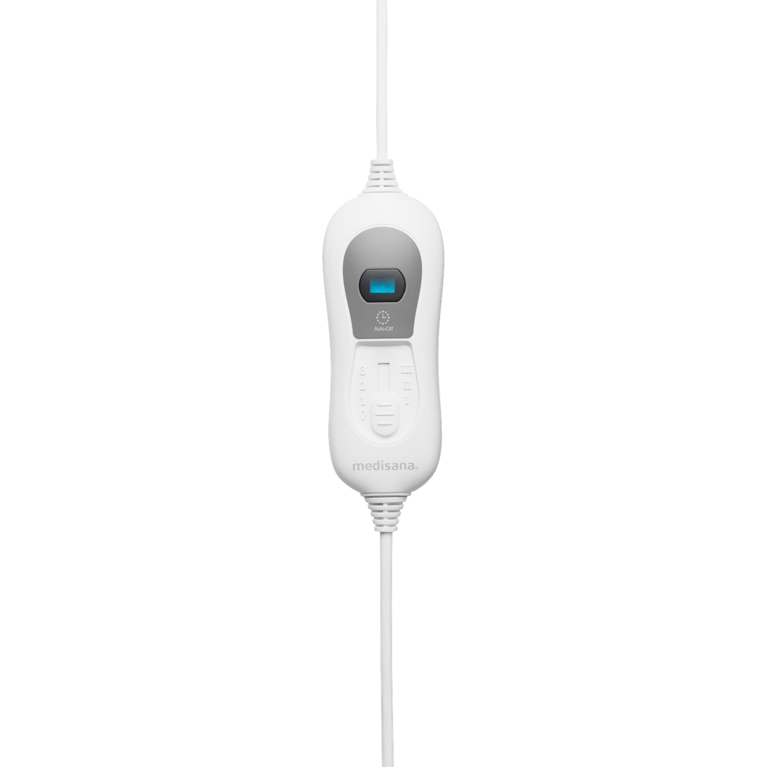 Witte Medisana warmtekussenbesturing met schuifregelaar en blauw display op witte achtergrond.
