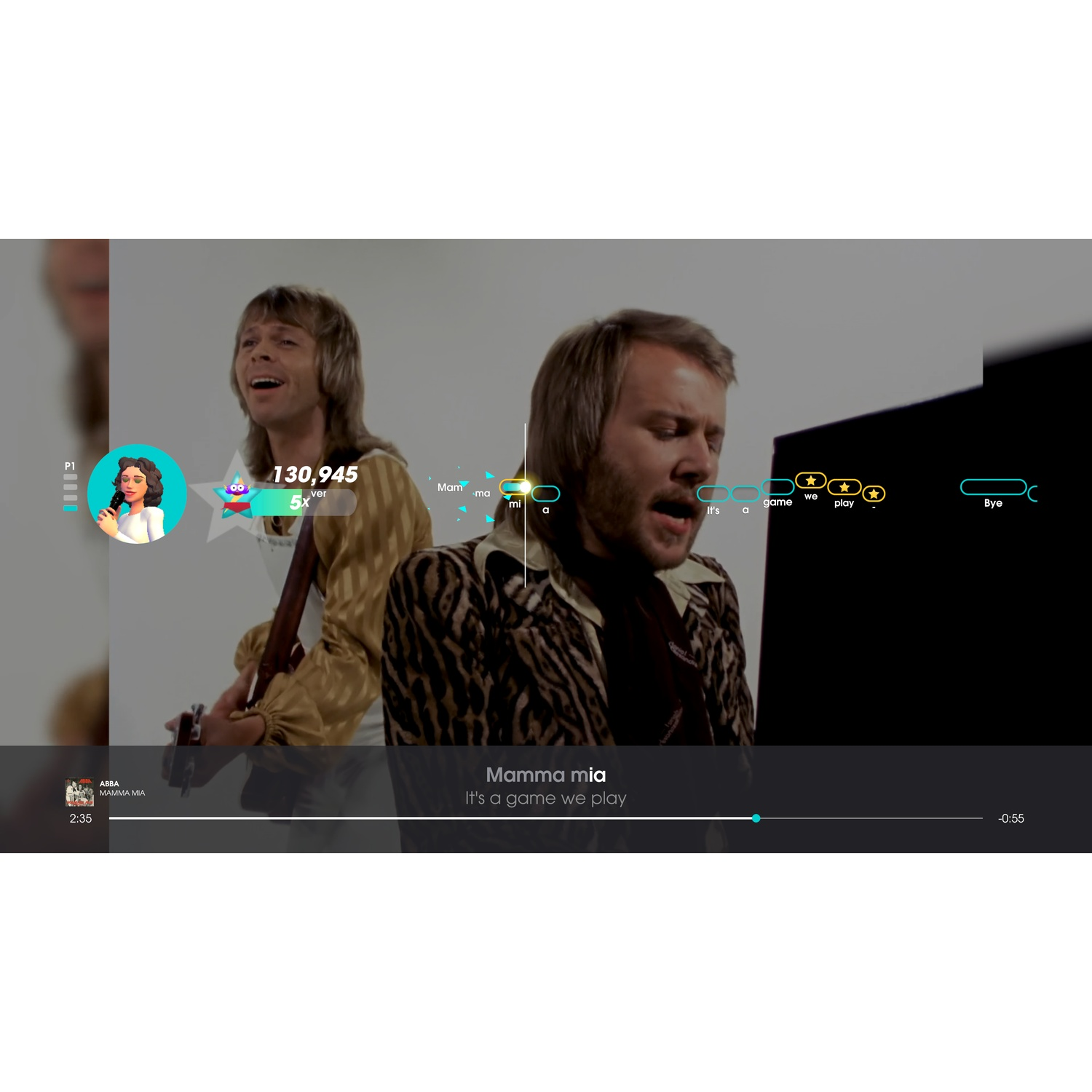 Gameplay screen for Mamma Mia by ABBA showing two musicians, note guides, and lyrics.