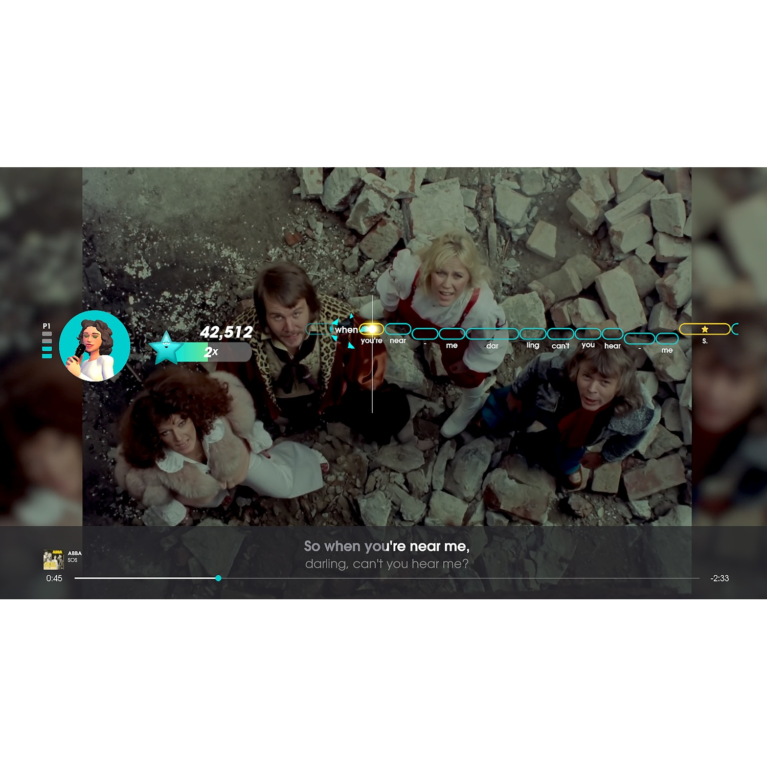 Game screenshot shows ABBA filmed from above amidst rubble, with karaoke lyrics and UI elements.