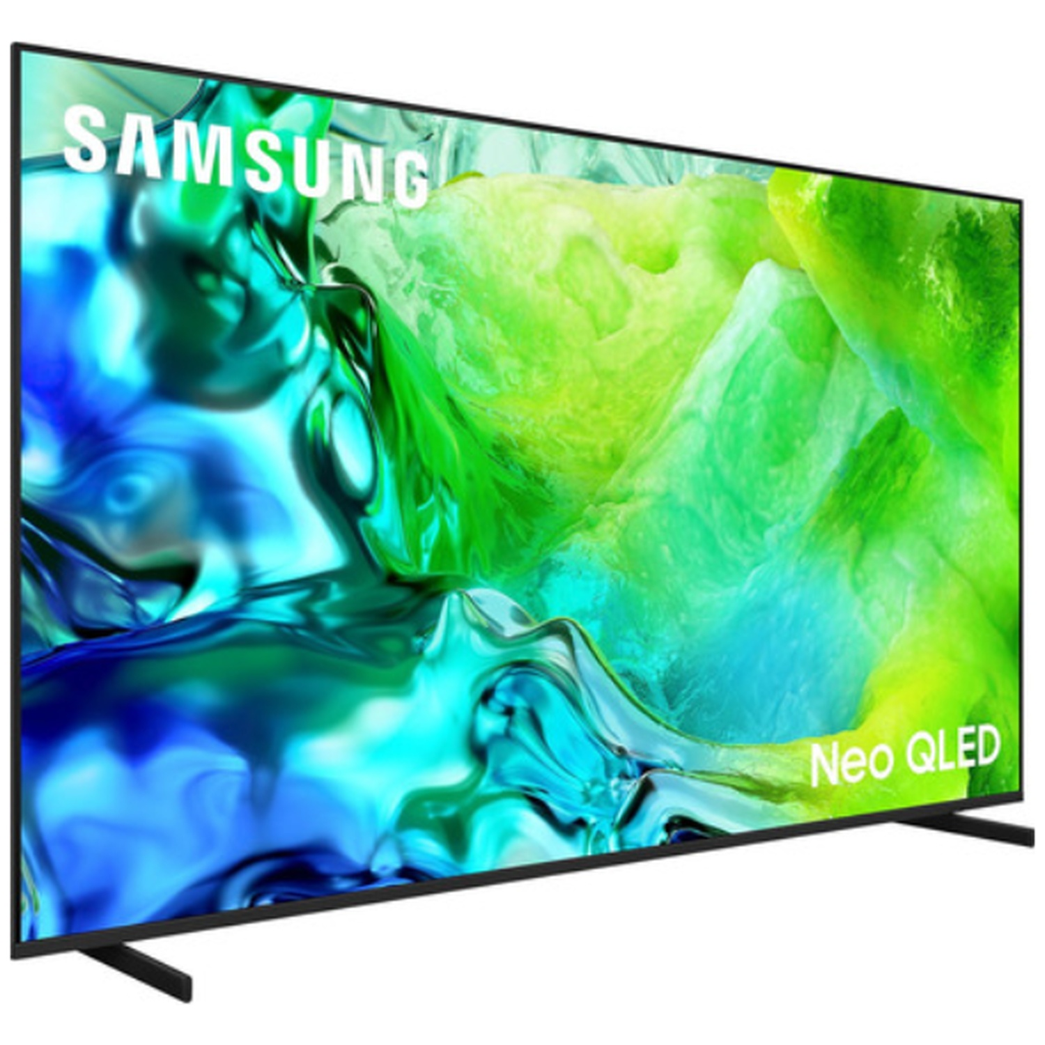 Samsung Neo QLED tv met een levendig, abstract groen en blauw scherm tegen een witte achtergrond.
