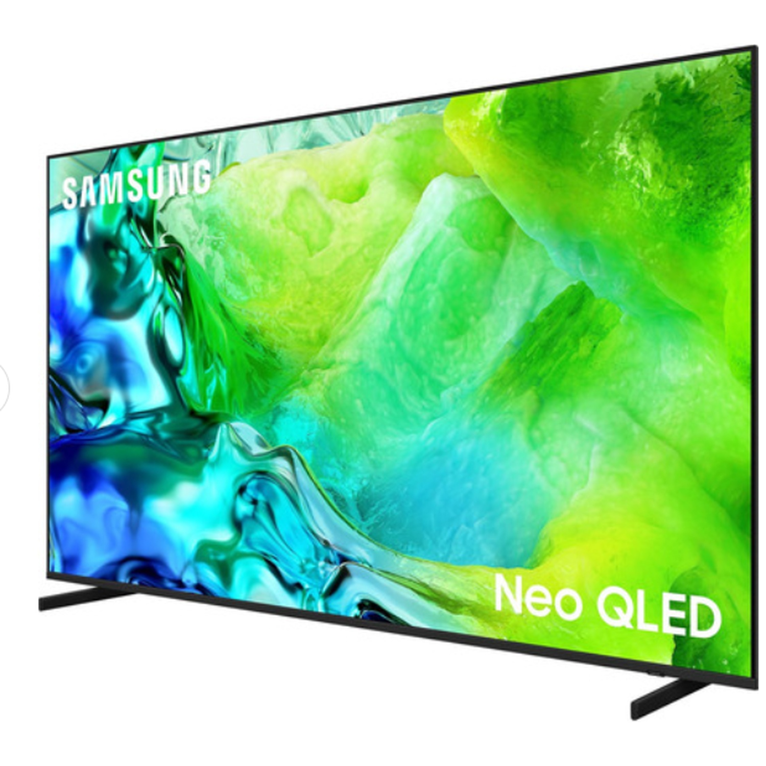Een zwarte Samsung Neo QLED-televisie toont een levendig, abstract groen en blauw beeld tegen een witte achtergrond.