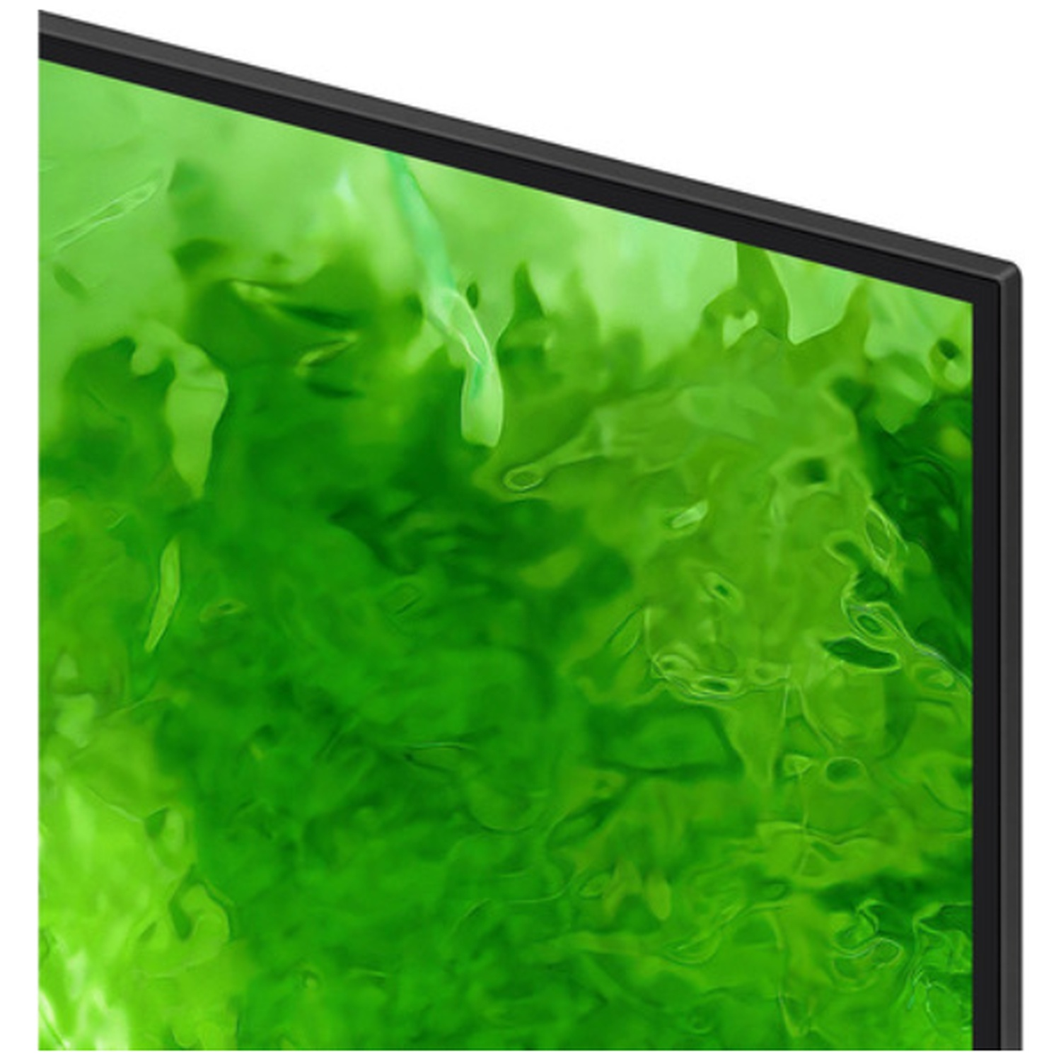 Close-up van een televisie met een abstract, stromend groen patroon.