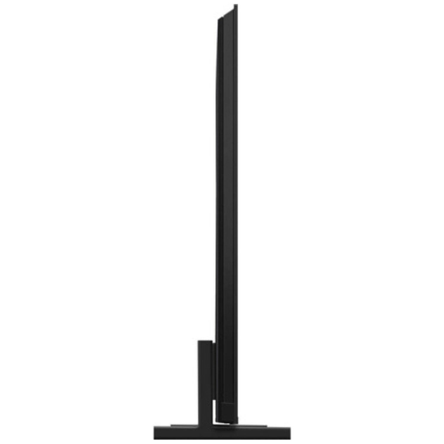Zijaanzicht van een platte zwarte televisie op een standaard.