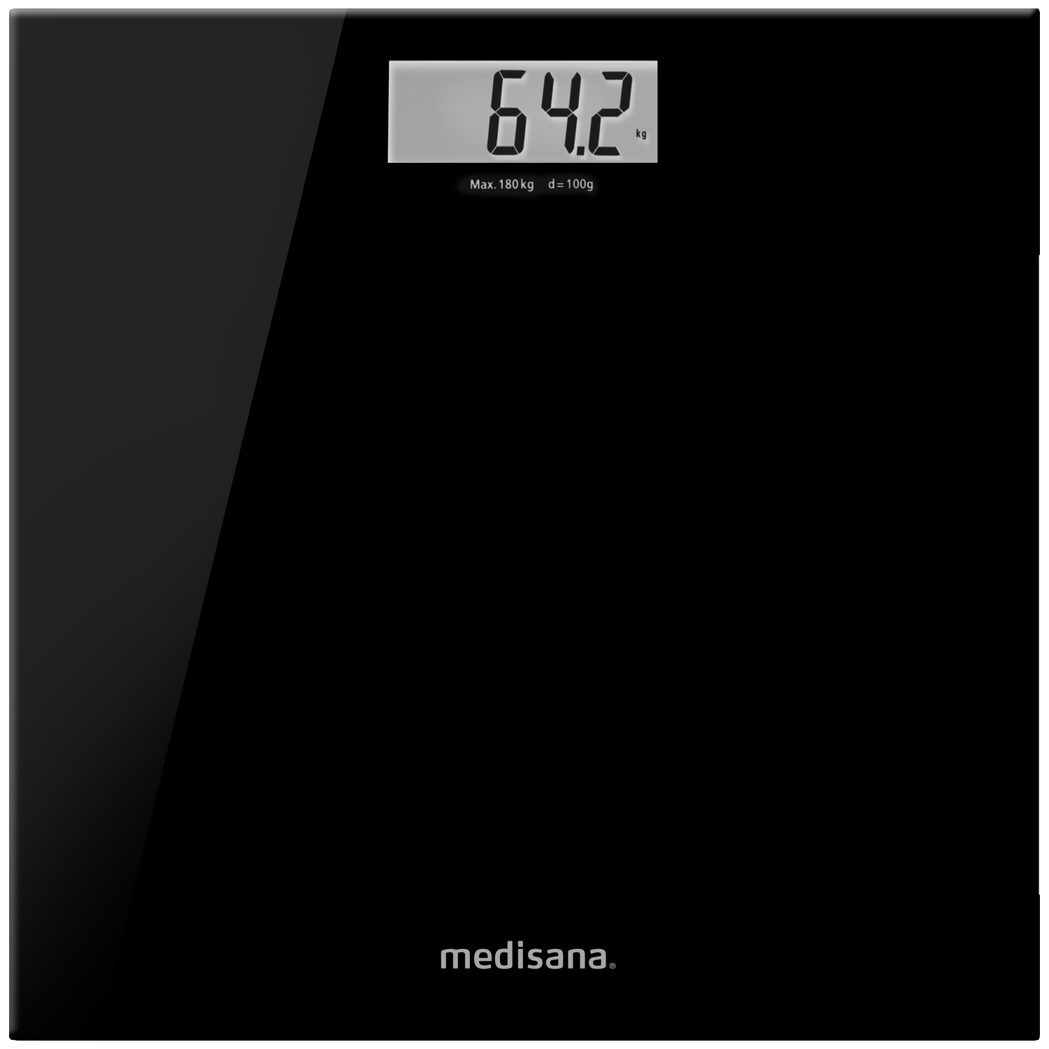 A black digital bathroom scale showing 64.2 kg with the Medisana brand logo.
