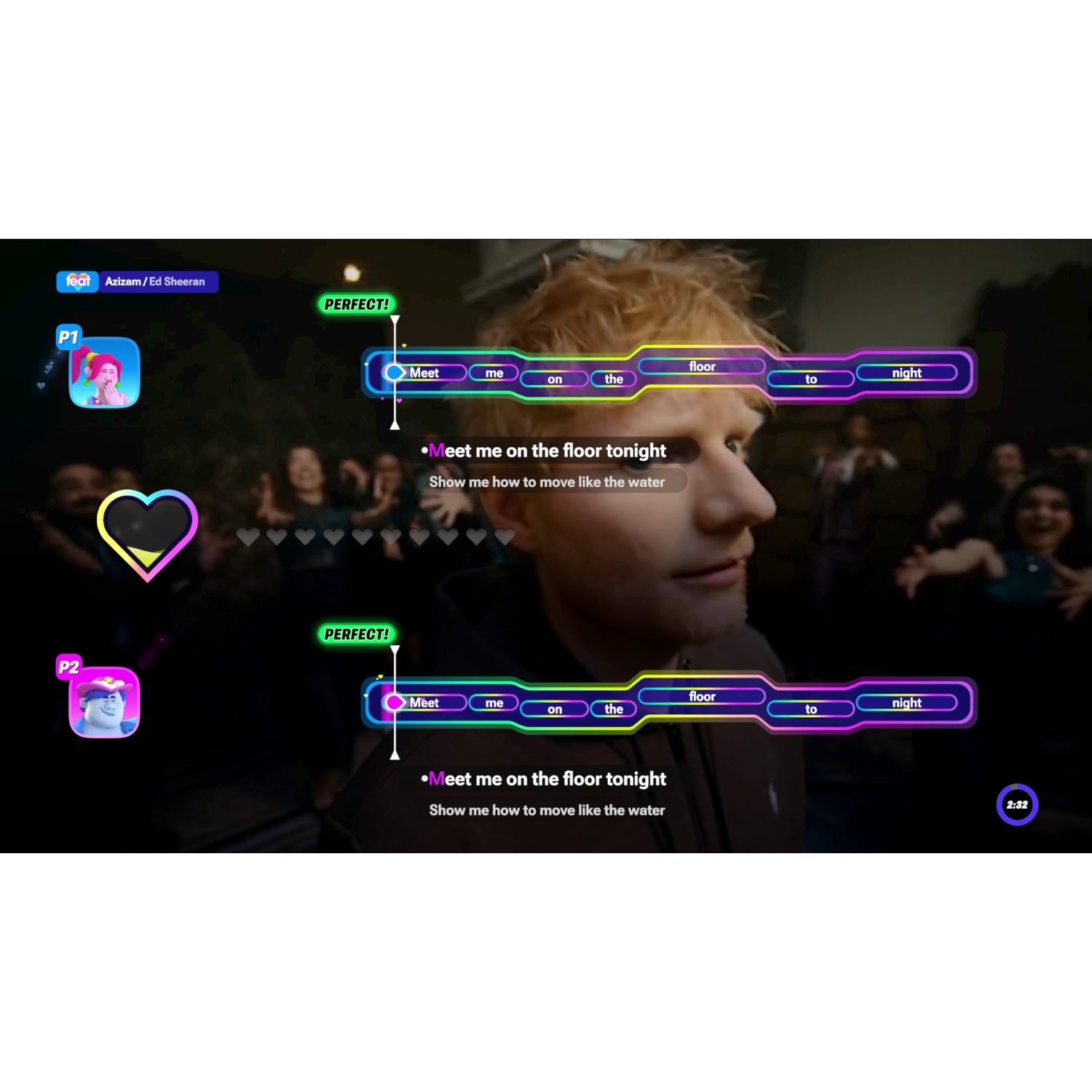 Karaoke game screen with lyrics for two players and the singer in the background.