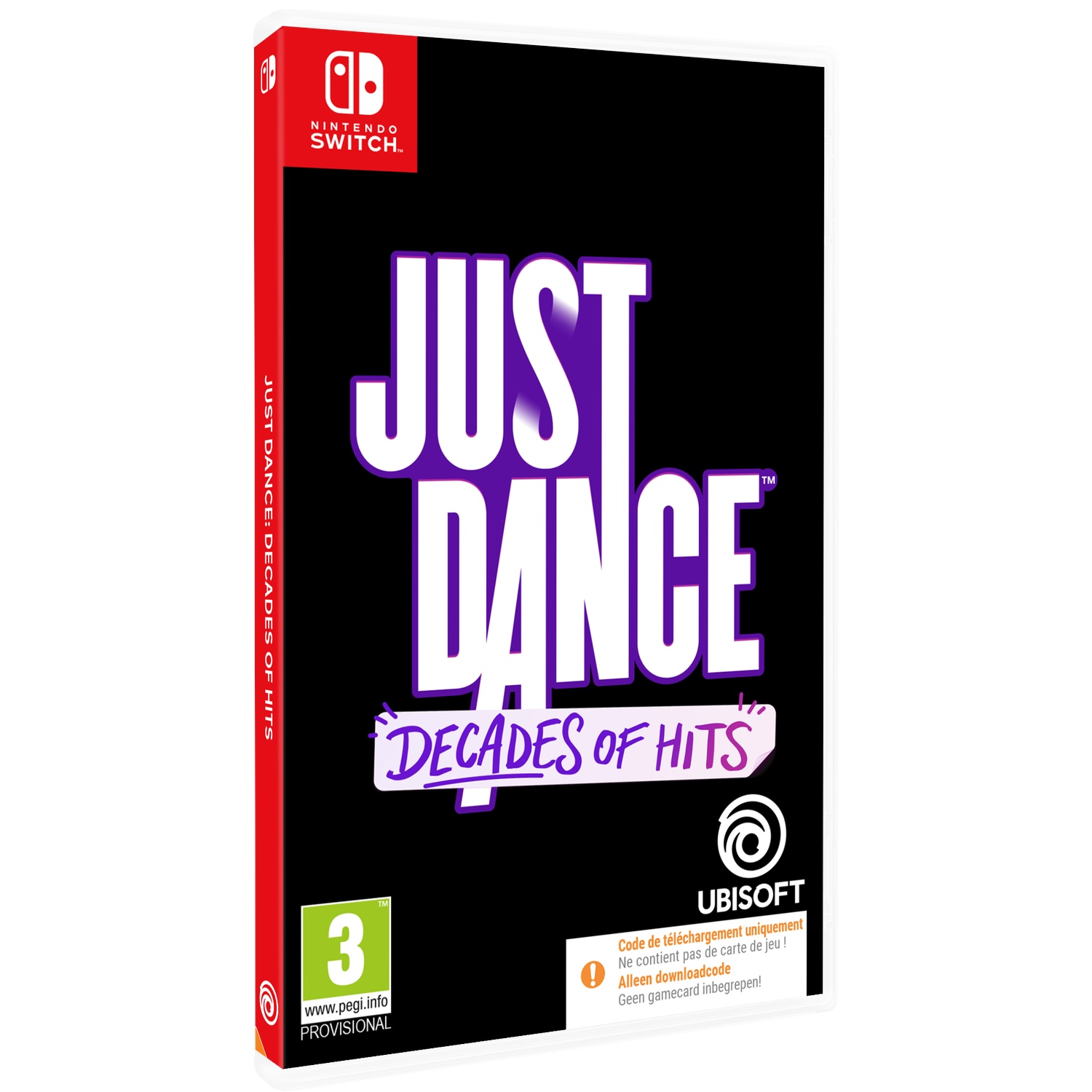 Nintendo Switch hoesje voor Just Dance: Decades of Hits met PEGI 3-leeftijdsbeoordeling op een zwarte achtergrond.