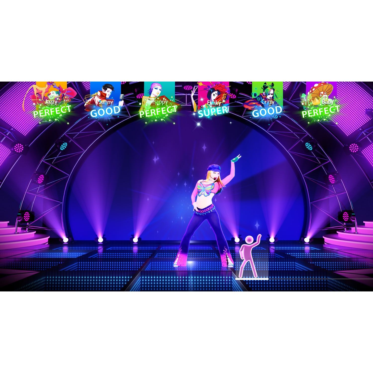 Een danser op een verlichte neons ésteen, omringd door kleurrijke karakteravatars en score-indicatoren.