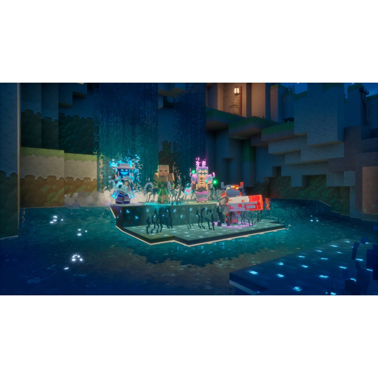 Four Minecraft characters stand on a lit platform in a dark cave near a waterfall.