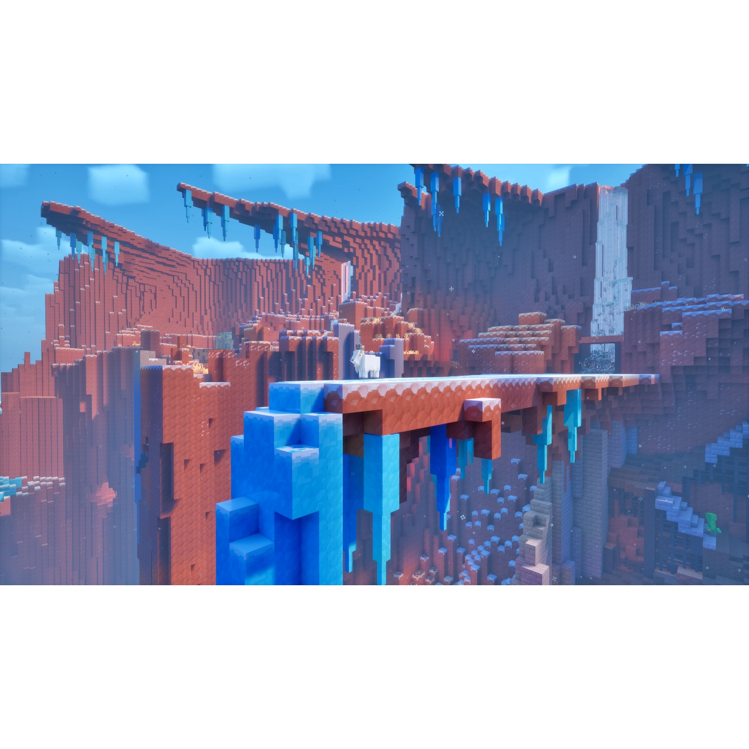 Minecraft landscape with red rock cliffs, icy blue waterfalls, hanging icicles, and a small white goat standing on a ledge.