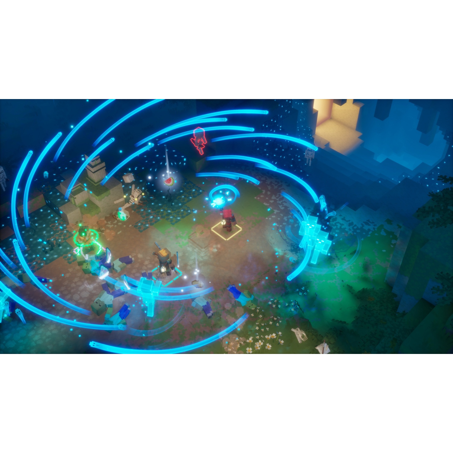 A blocky video game scene featuring blue energy trails swirling around characters.