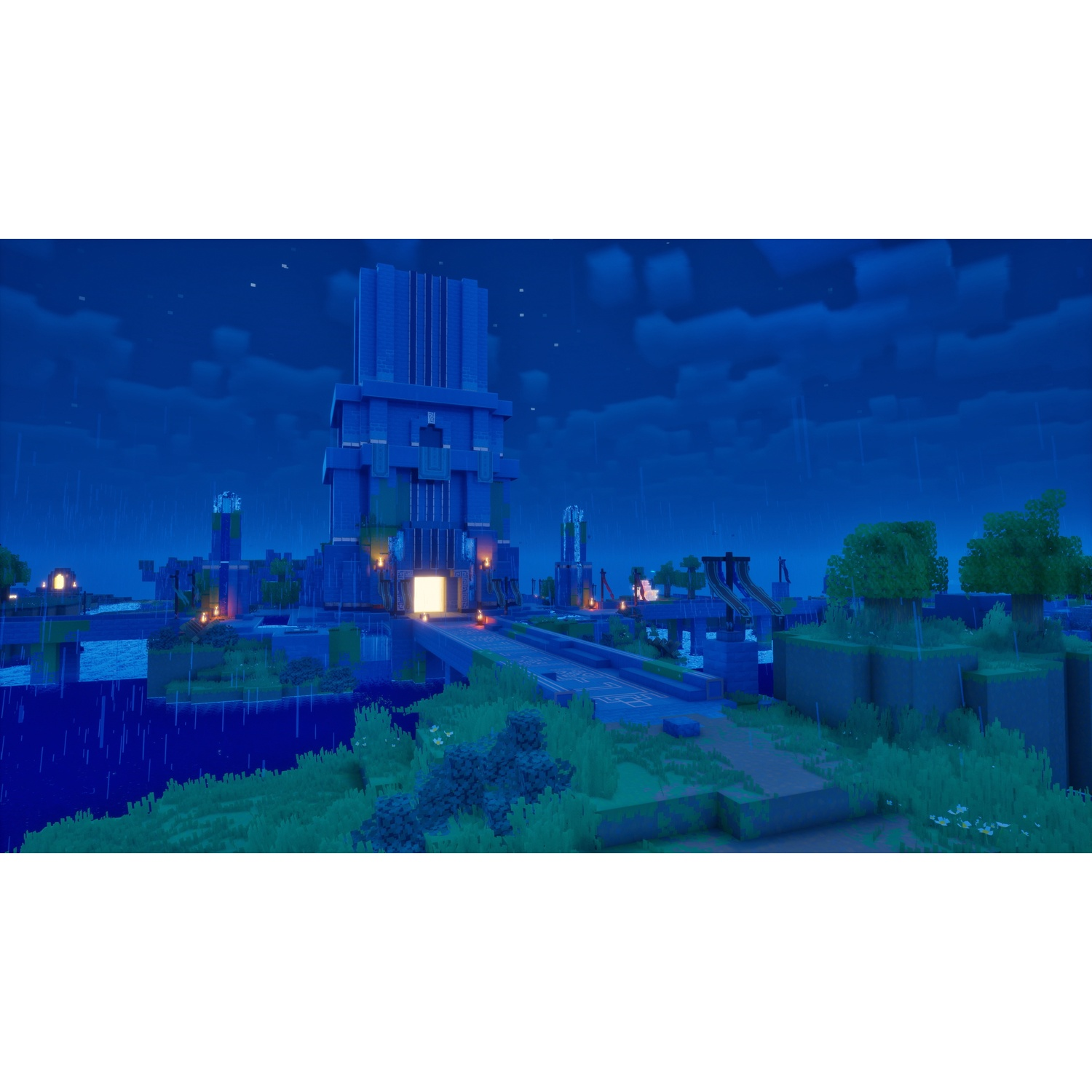 A blue Minecraft fortress at night featuring an illuminated entrance and bridges over water.