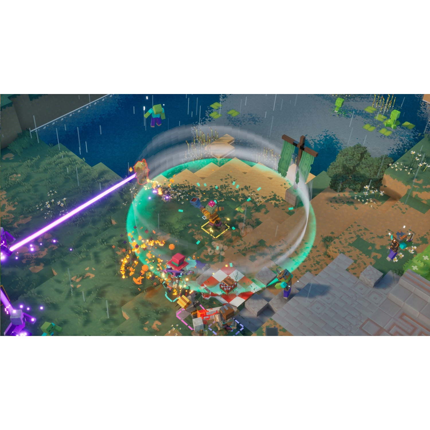 Minecraft Dungeons scene featuring characters performing a magic attack in a colorful landscape.