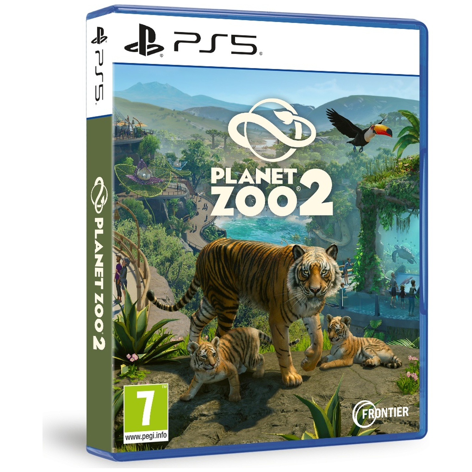 Jaquette PS5 de Planet Zoo 2 montrant une famille de tigres dans un zoo et un toucan en arrière-plan.