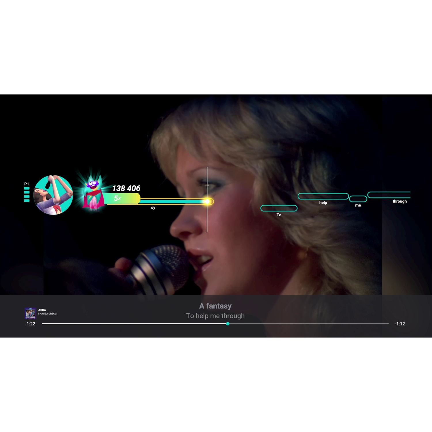 A blonde woman sings into a microphone, accompanied by a karaoke interface.