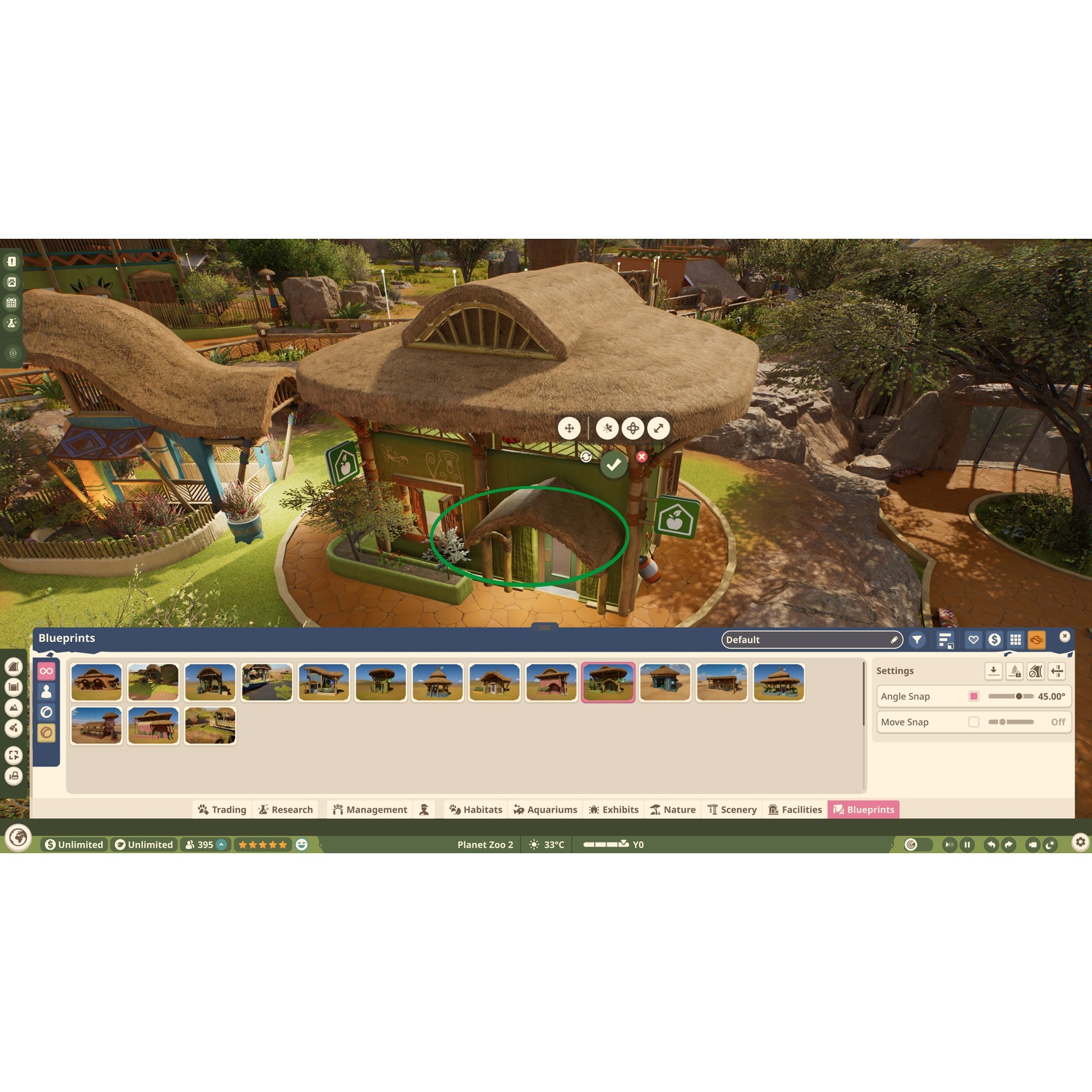 Capture d'écran de Planet Zoo montrant un bâtiment vert avec un toit de chaume et une interface de plans.