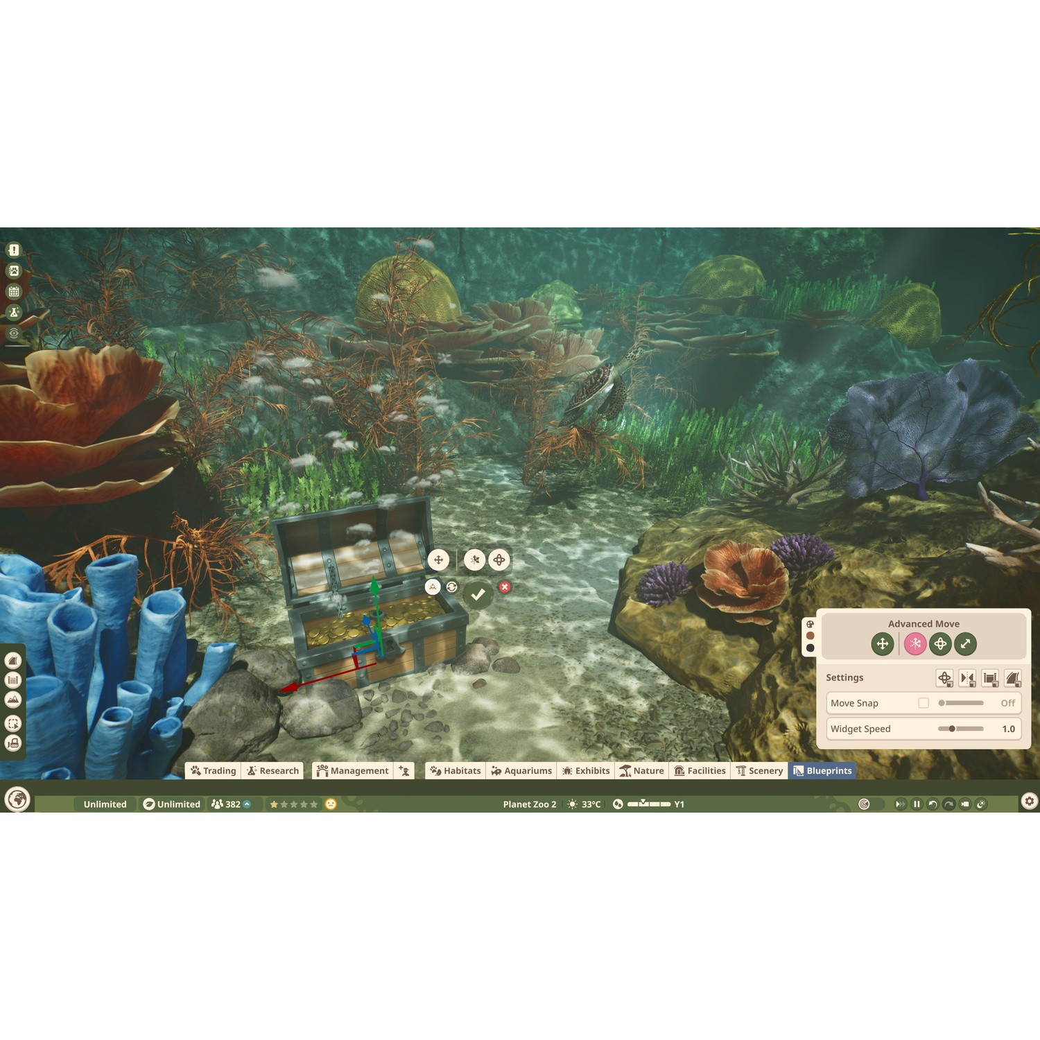 Scène sous-marine dans Planet Zoo avec coffre au trésor, récifs coralliens, tortue et menus.