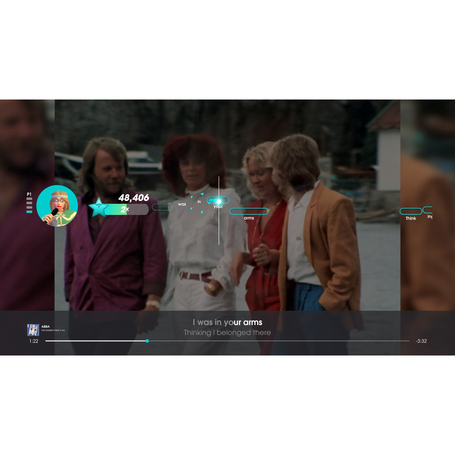 Game interface overlaid on a music video showing ABBA members outdoors.