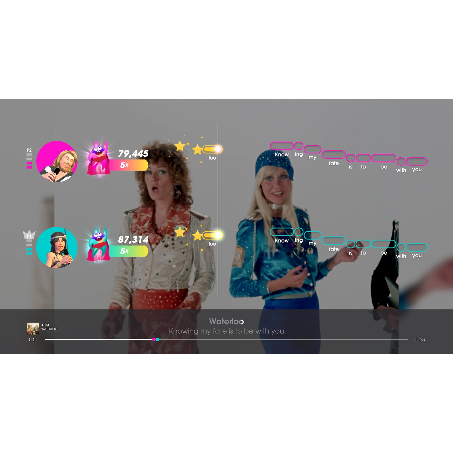 Two women in 70s costumes sing in a video game, with lyric cues and score counters displayed on screen.