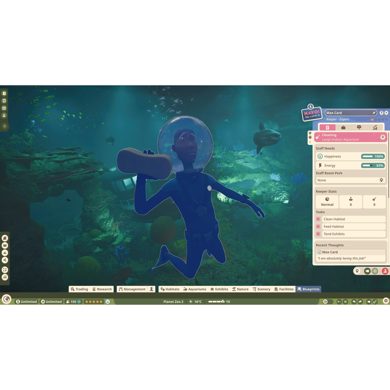 Scène sous-marine dans Planet Zoo avec un plongeur, un récif corallien, un requin et une interface.