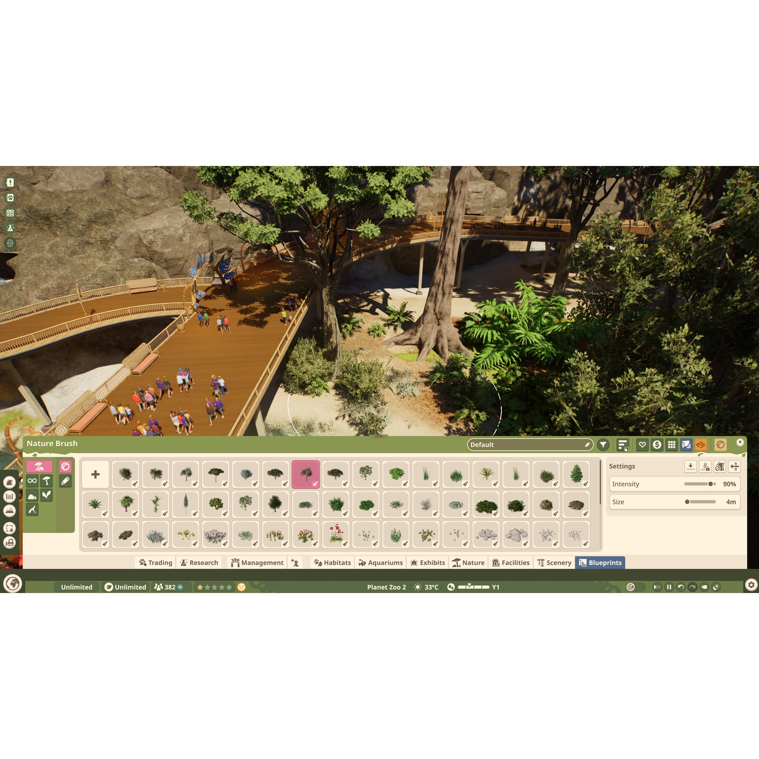 Vue de jeu de Planet Zoo avec des allées en bois, une nature luxuriante et un menu de sélection de nature.