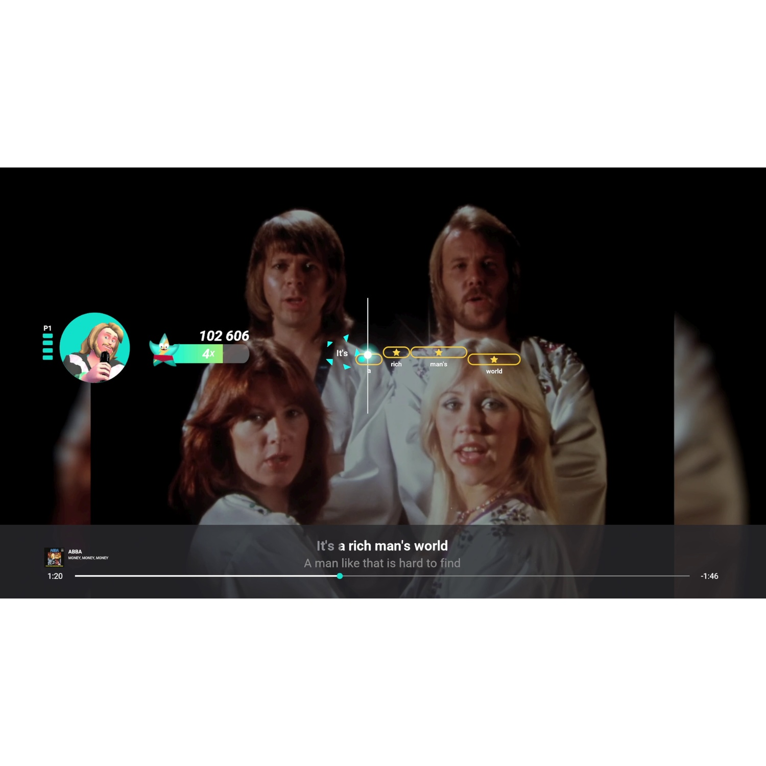 Karaoke screen displaying the band ABBA with lyrics and UI elements.