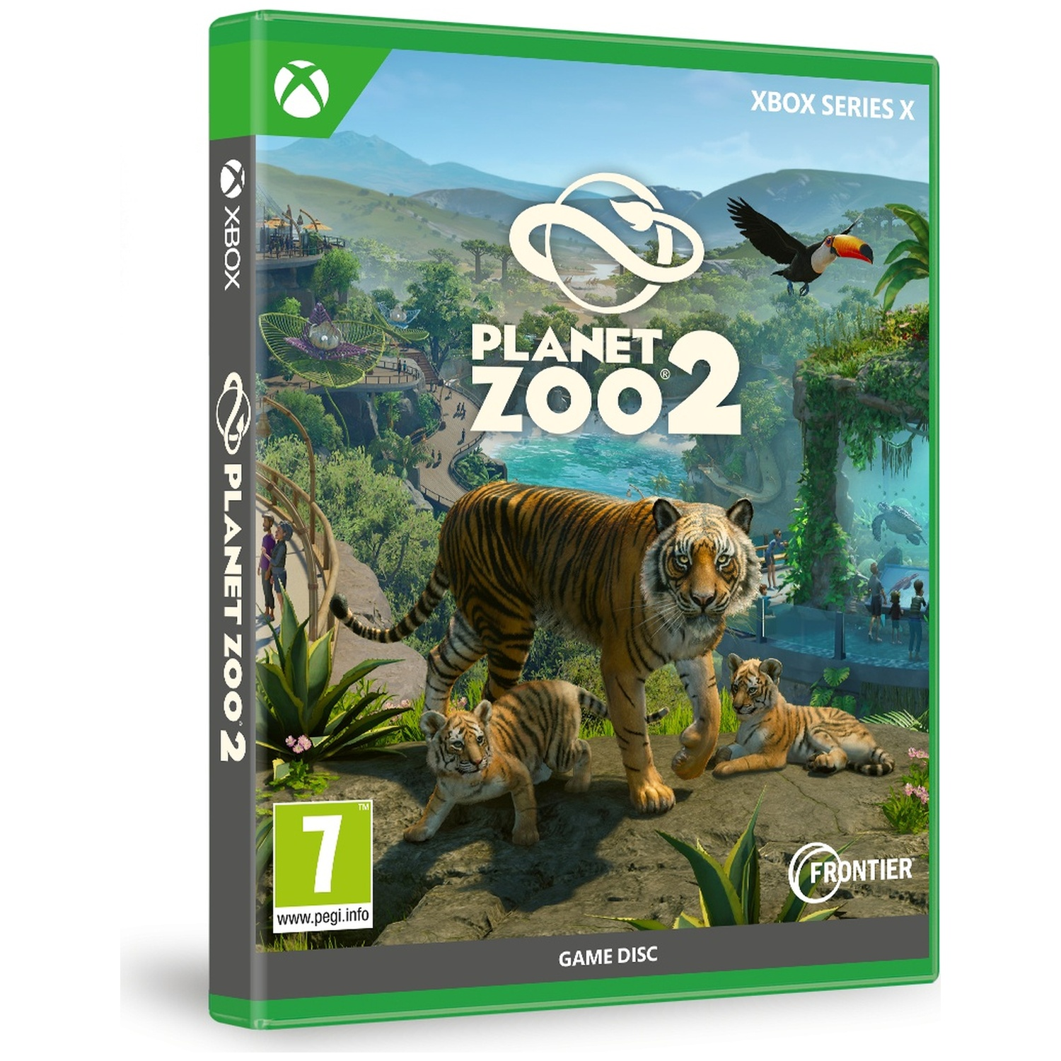 Jaquette Xbox Series X de Planet Zoo 2 montrant des tigres dans un zoo avec des visiteurs et un décor luxuriant.