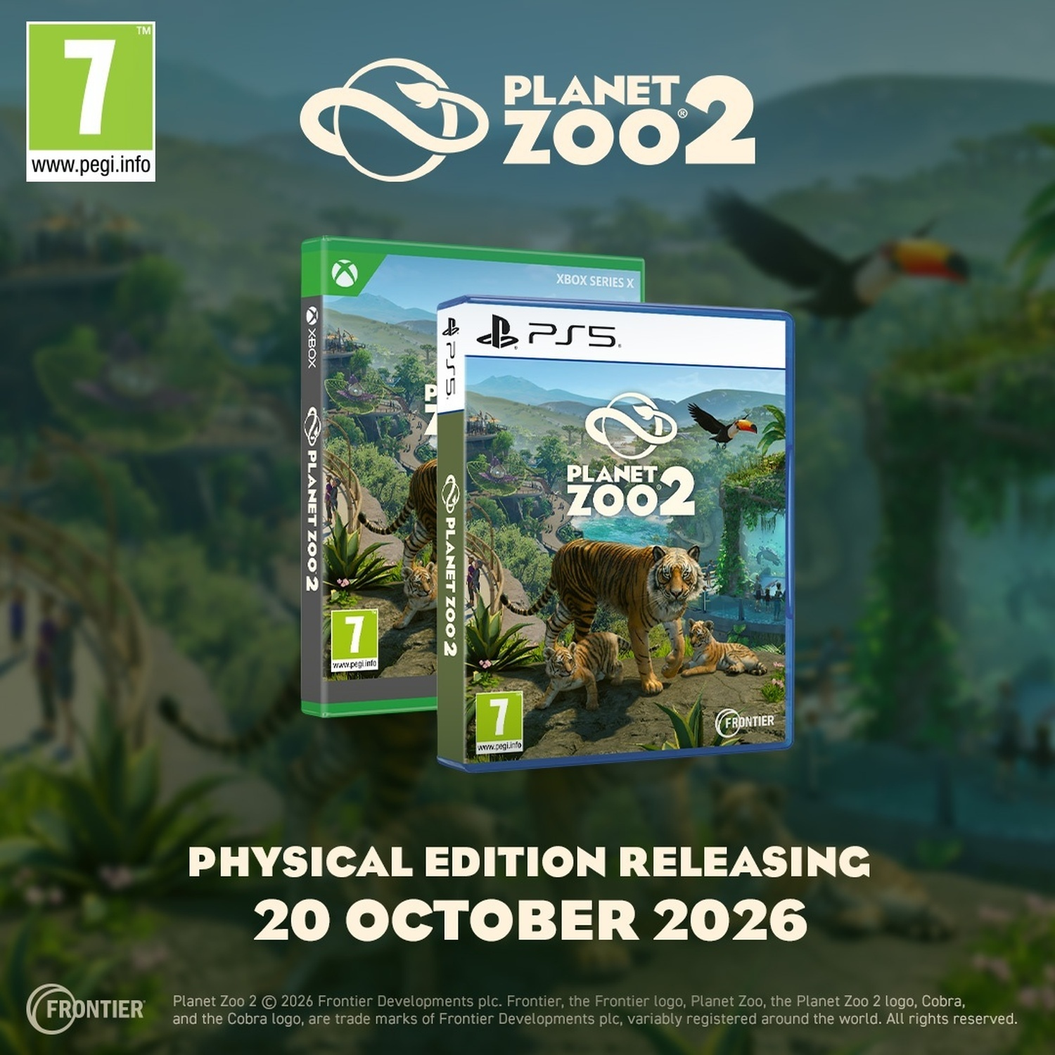 Boîtes de l'édition physique de Planet Zoo 2 pour PS5 et Xbox Series X, avec des tigres dans une jungle.