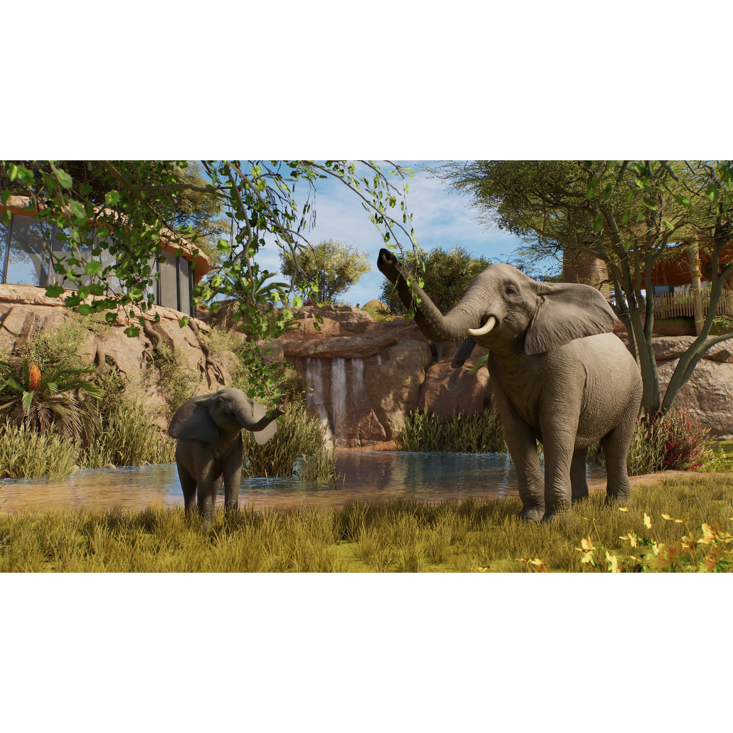 Deux éléphants mangent des feuilles près d'une rivière avec une cascade.