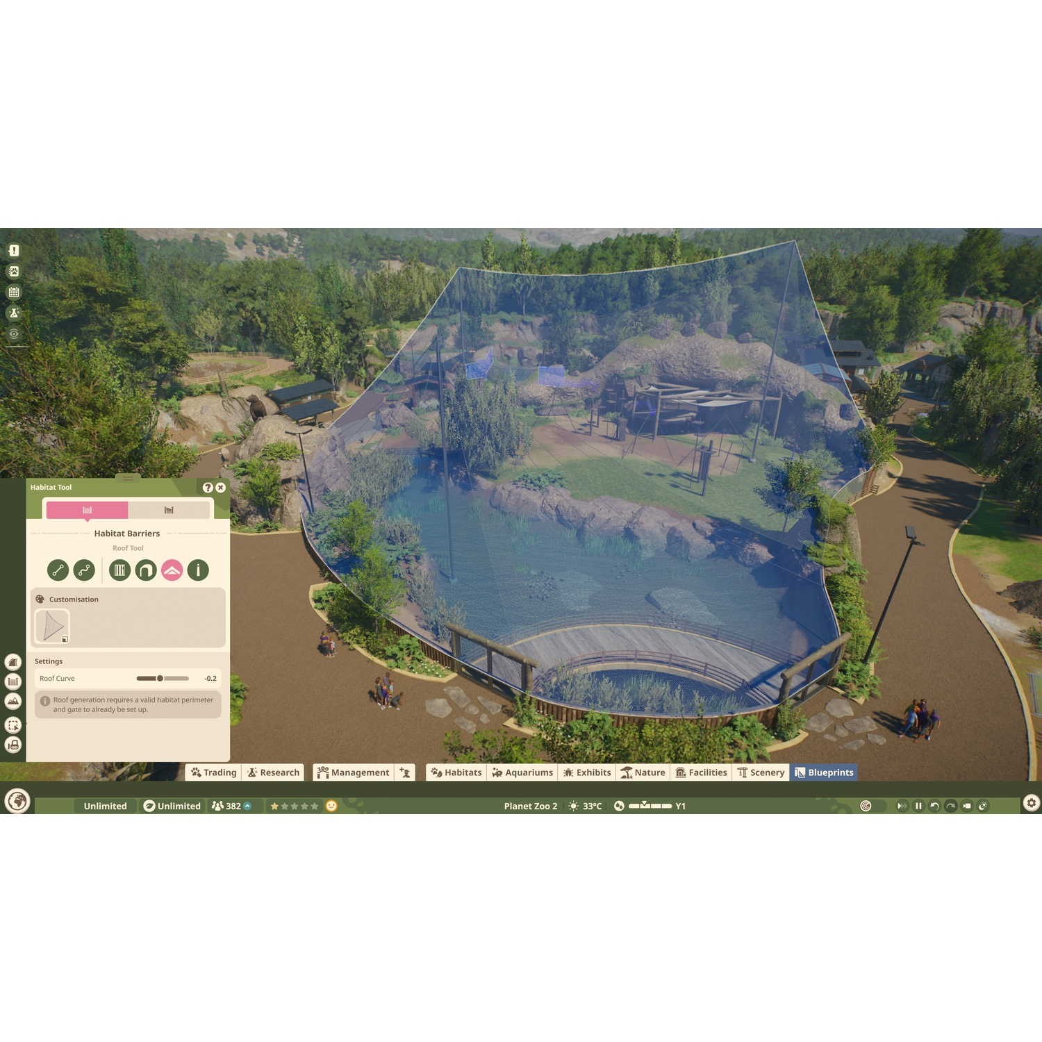 Capture d'écran montrant la construction d'un grand enclos grillagé dans un paysage de zoo montagneux.