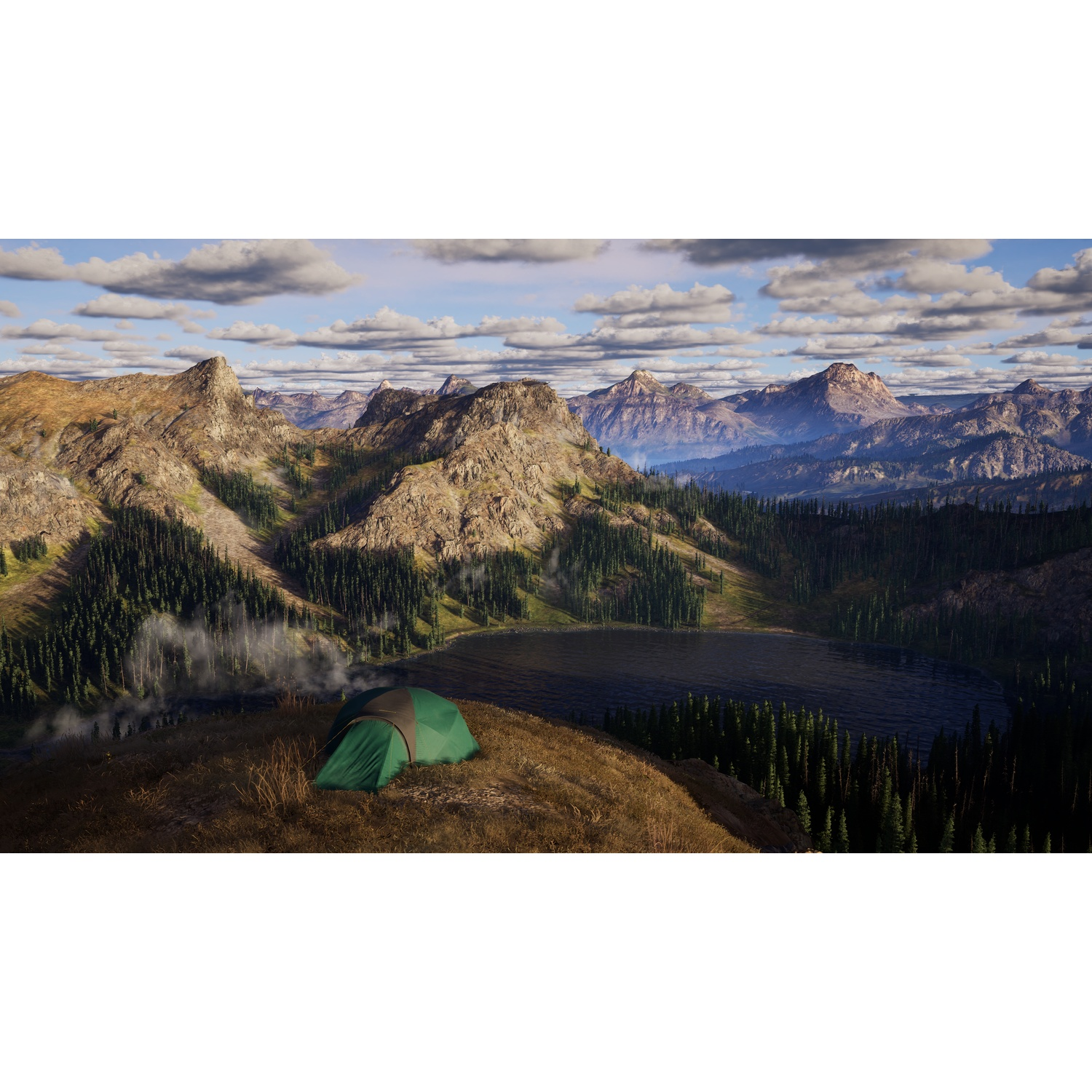Une tente verte sur une colline herbeuse surplombant un lac et des montagnes.