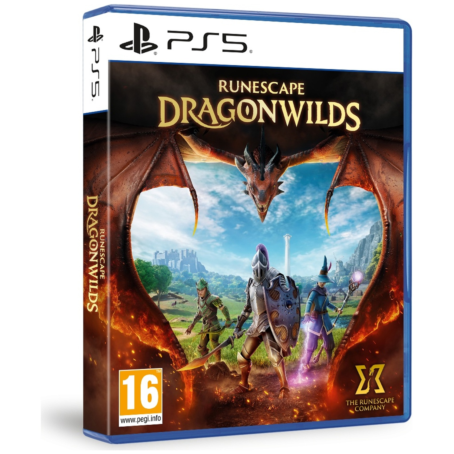 PS5-gamehoes voor Runescape Dragonwilds met een draak en drie helden in een landschap.