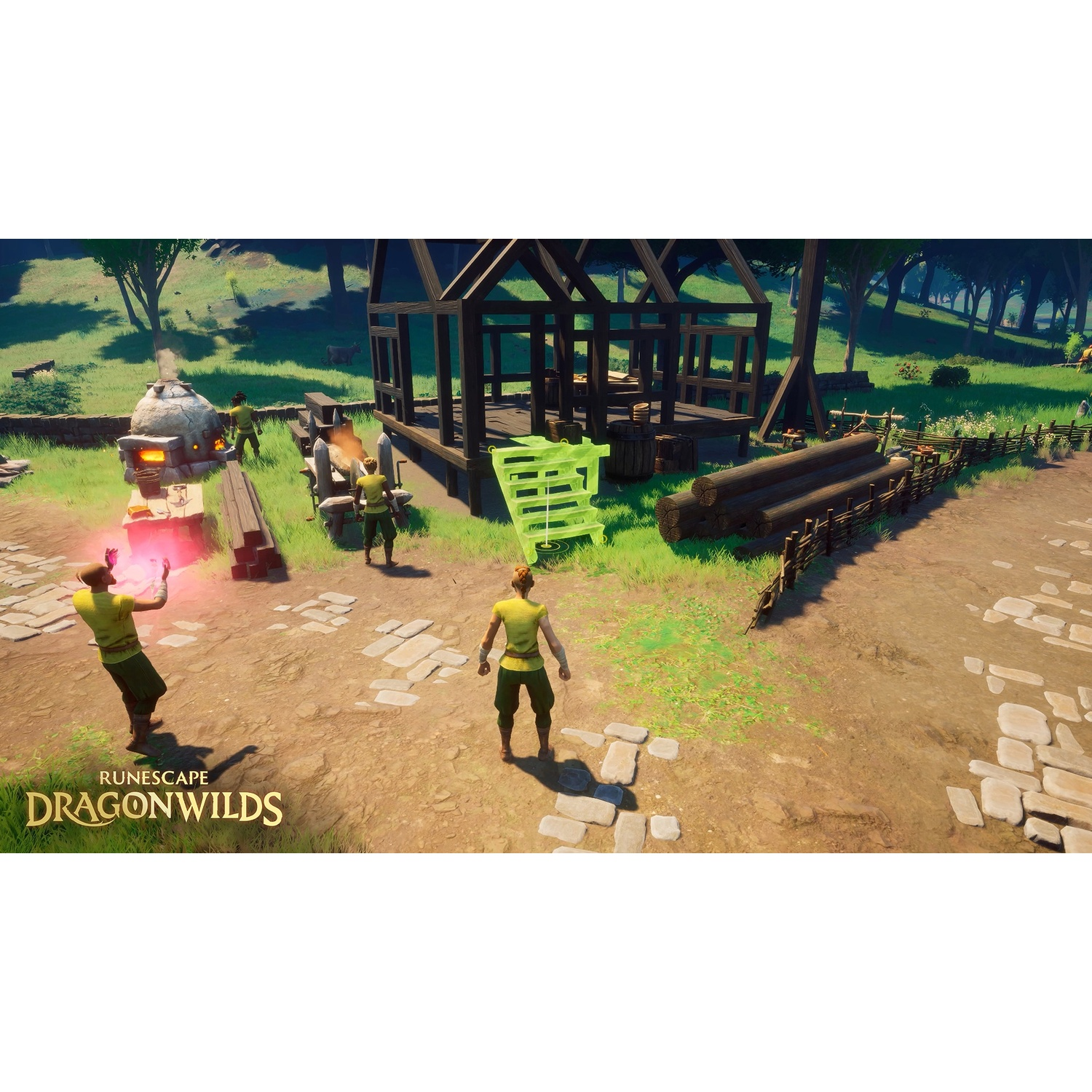 Runescape Dragonwilds gameplay met personages bij een onvoltooid houten huis en boomstammen.