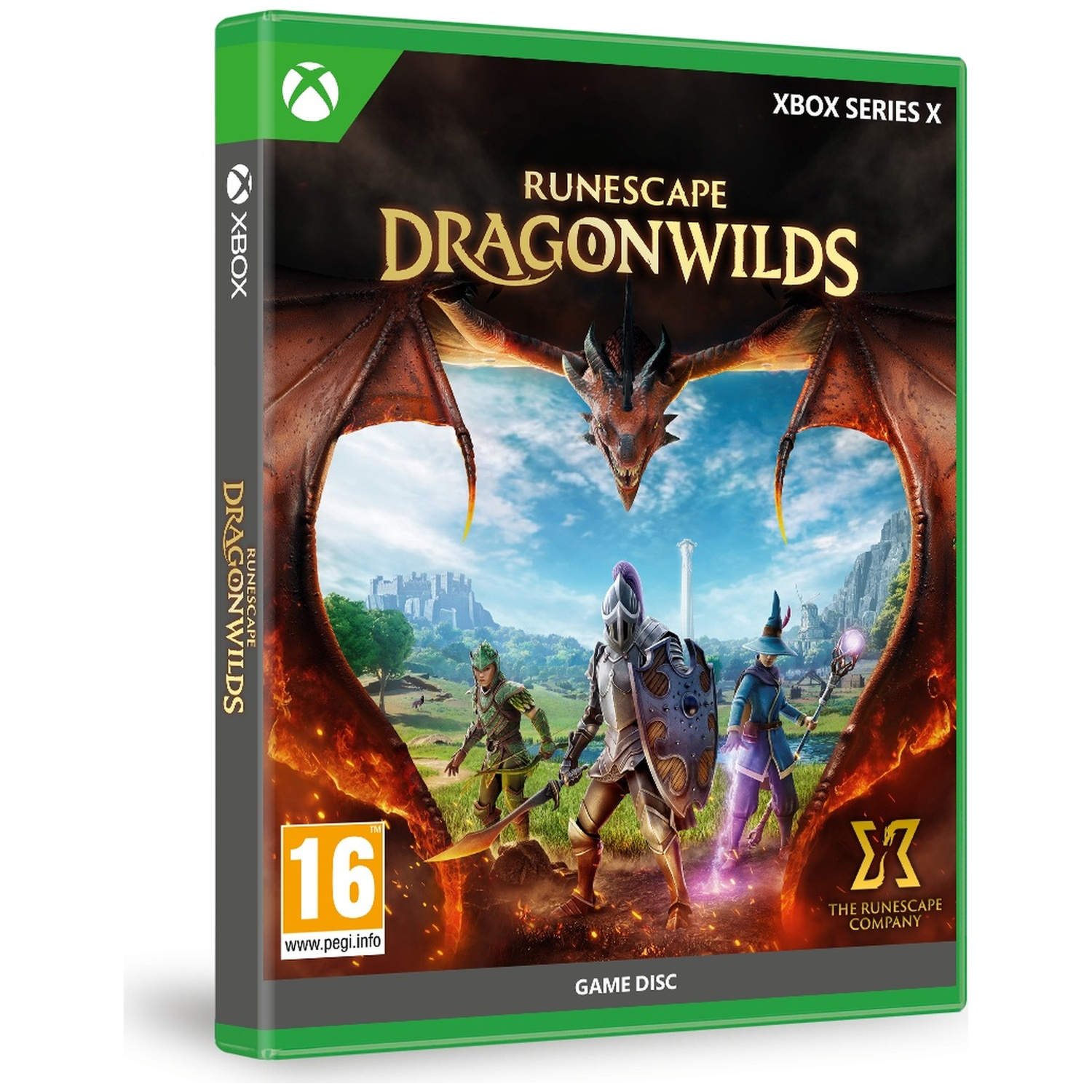 Xbox Series X hoesje voor Runescape Dragonwilds met drie helden en een draak.