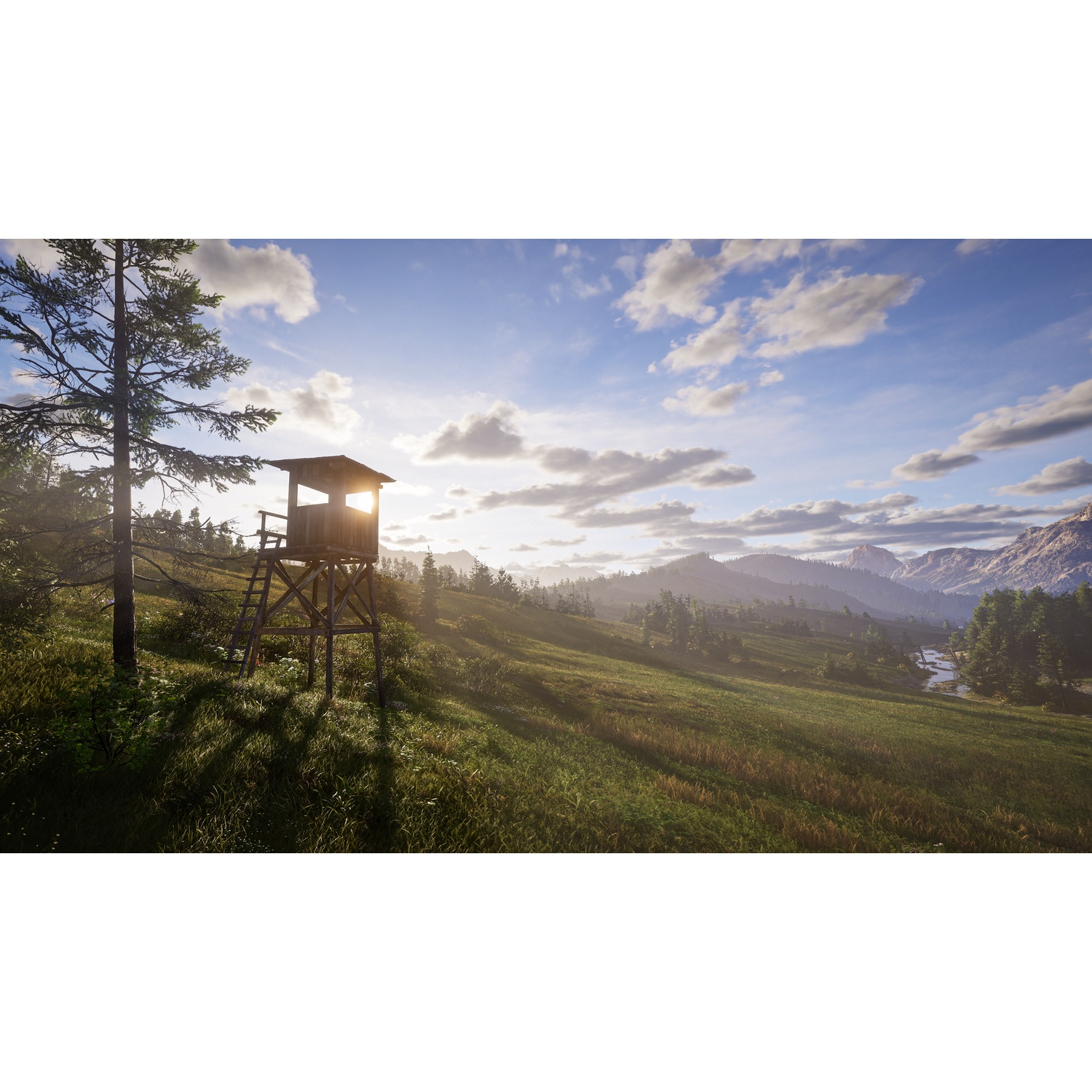 Une tour de chasse en bois sur un pré vert avec des montagnes en arrière-plan au soleil.