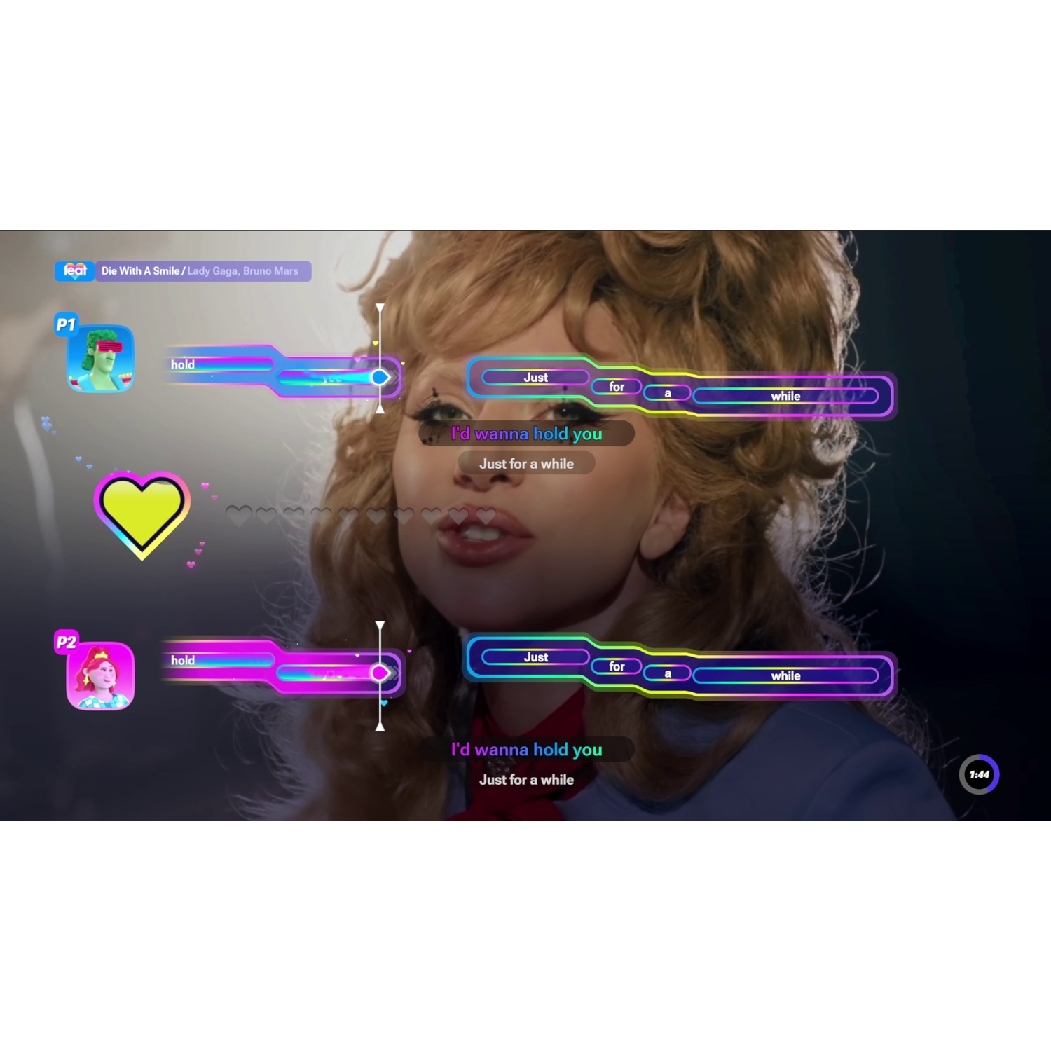 A karaoke game interface overlays a video of Lady Gaga singing, showing song lyrics bars and player scores.