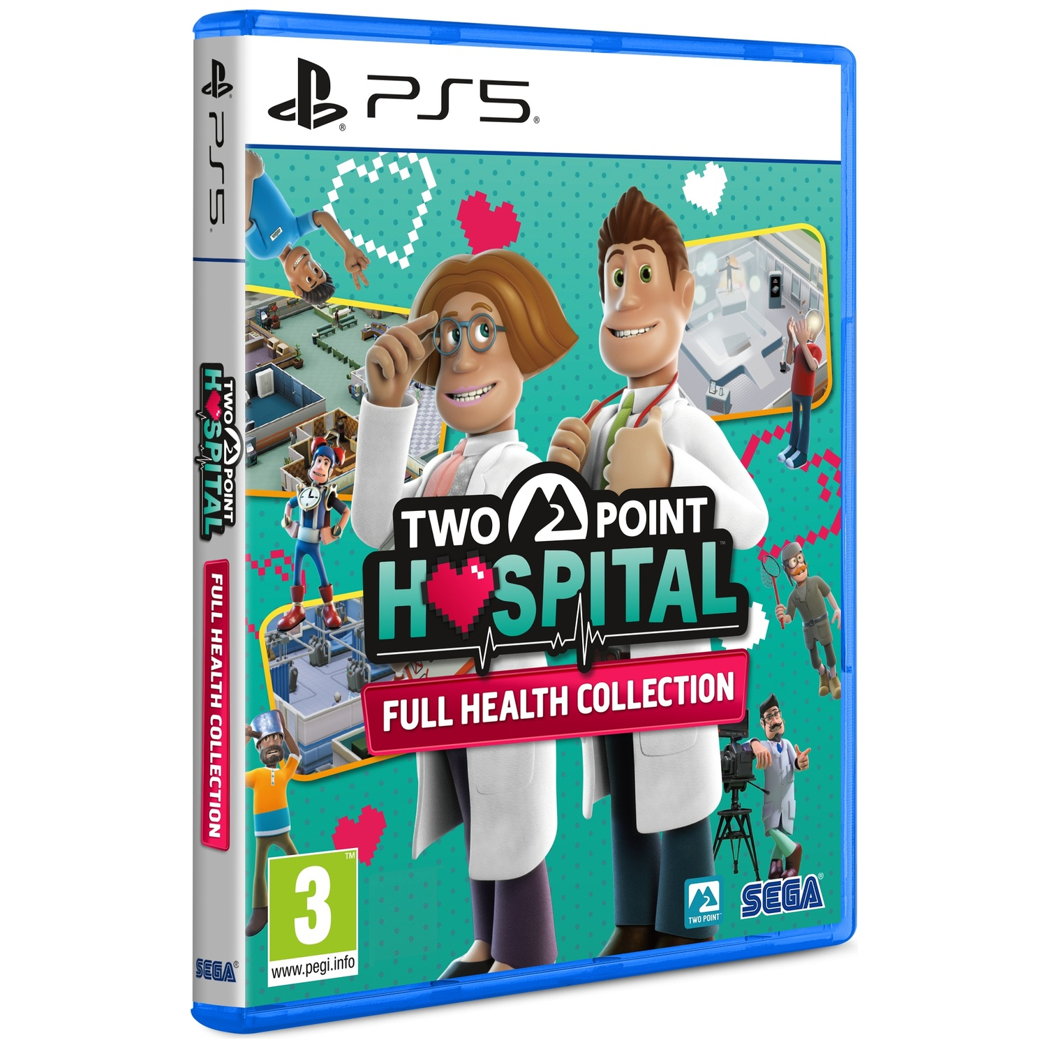 PS5-gamehoes voor Two Point Hospital Full Health Collection met twee tekenfilmartsen op een turquoise achtergrond.